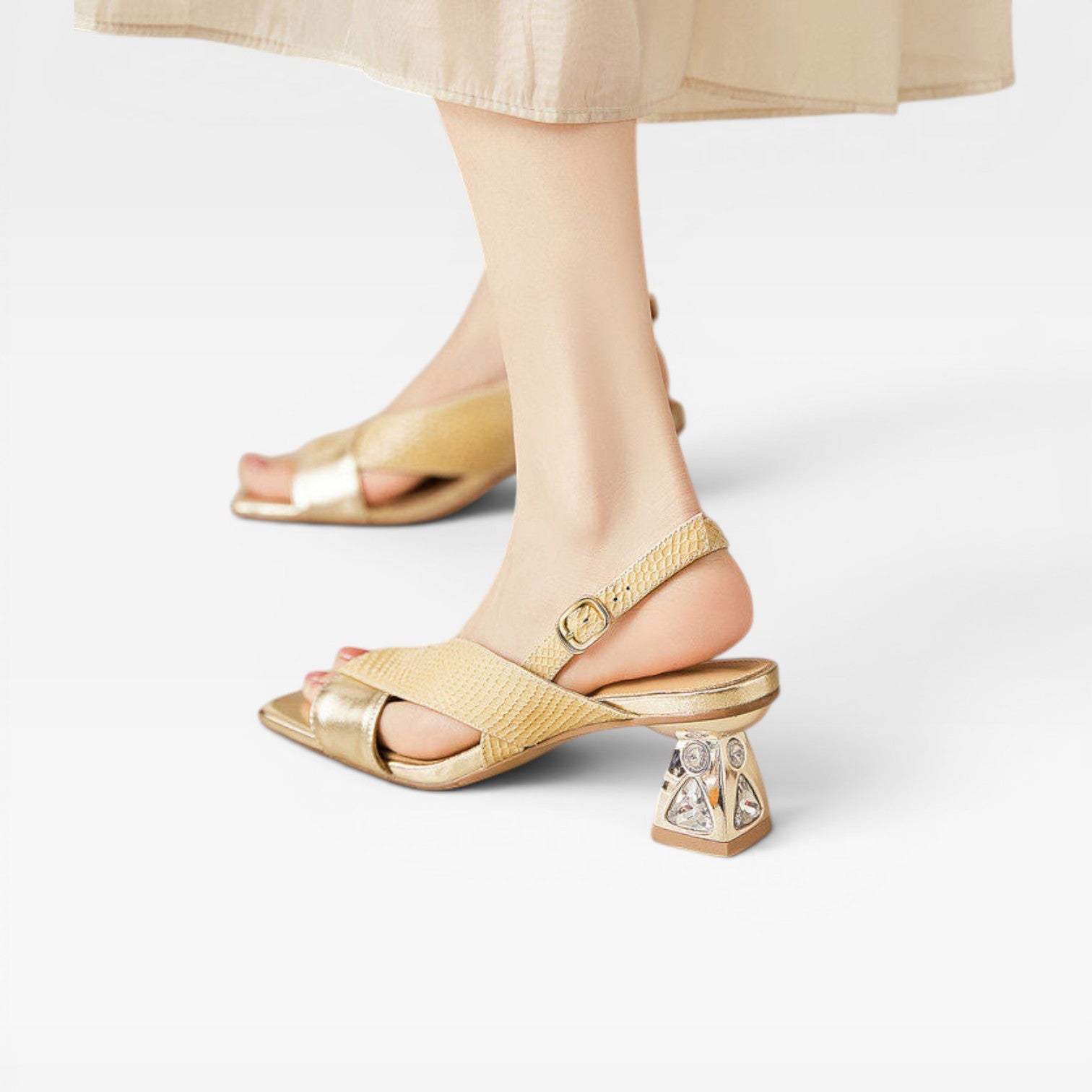 Women's Genuine Leather Sandals – Sculpted Crystal Heel Slingback Pumps for Special Occasions