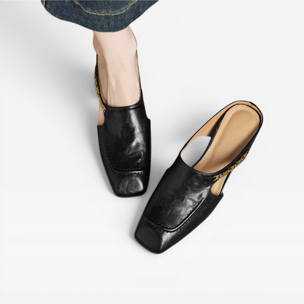 Women's Leather Mules – Elegant Square Toe Slip On Shoes for Everyday Wear