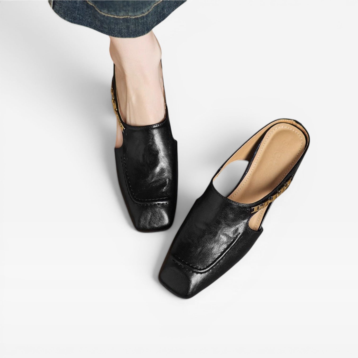 Women's Leather Mules – Elegant Square Toe Slip On Shoes for Everyday Wear