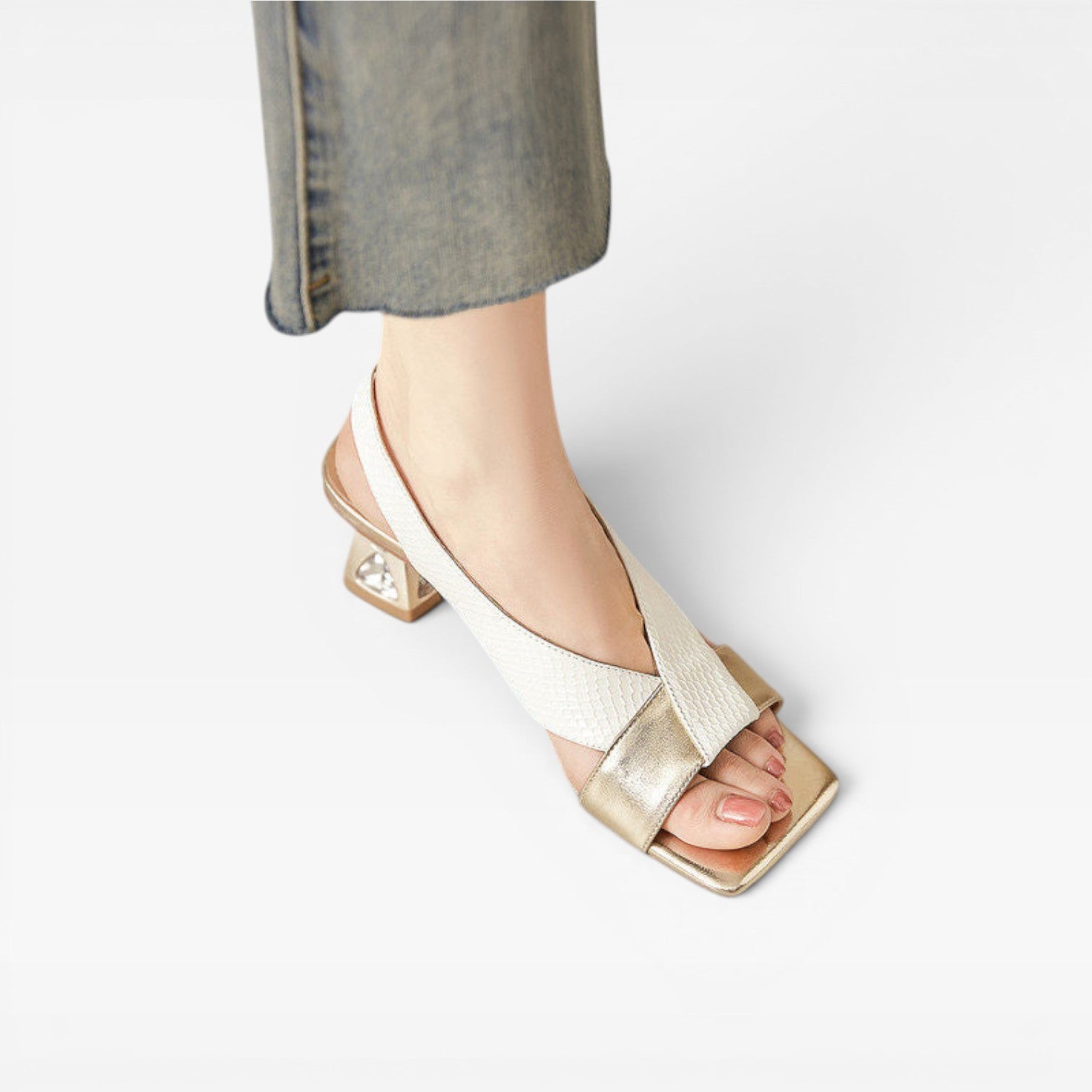 Women's Genuine Leather Sandals – Sculpted Crystal Heel Slingback Pumps for Special Occasions