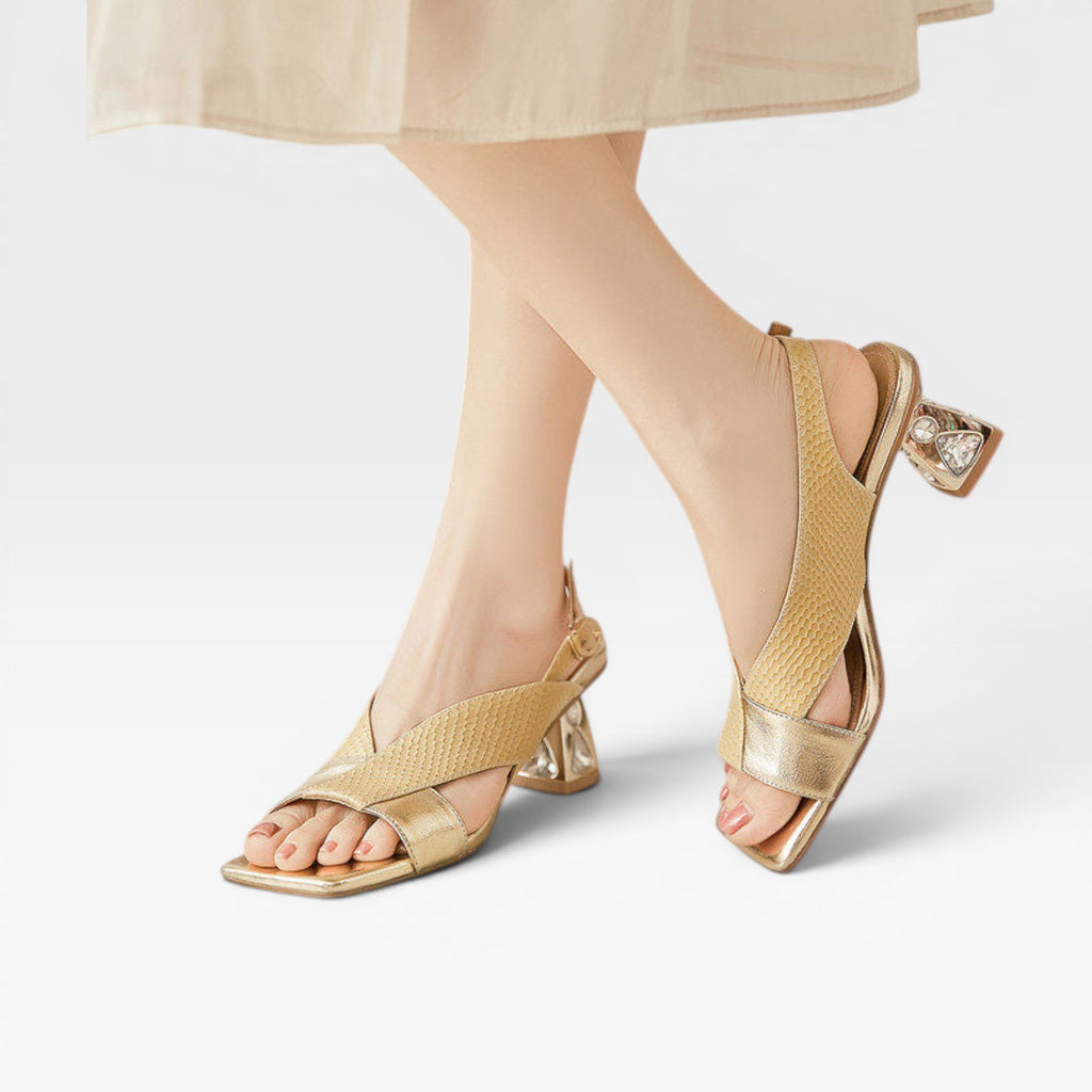 Women's Genuine Leather Sandals – Sculpted Crystal Heel Slingback Pumps for Special Occasions