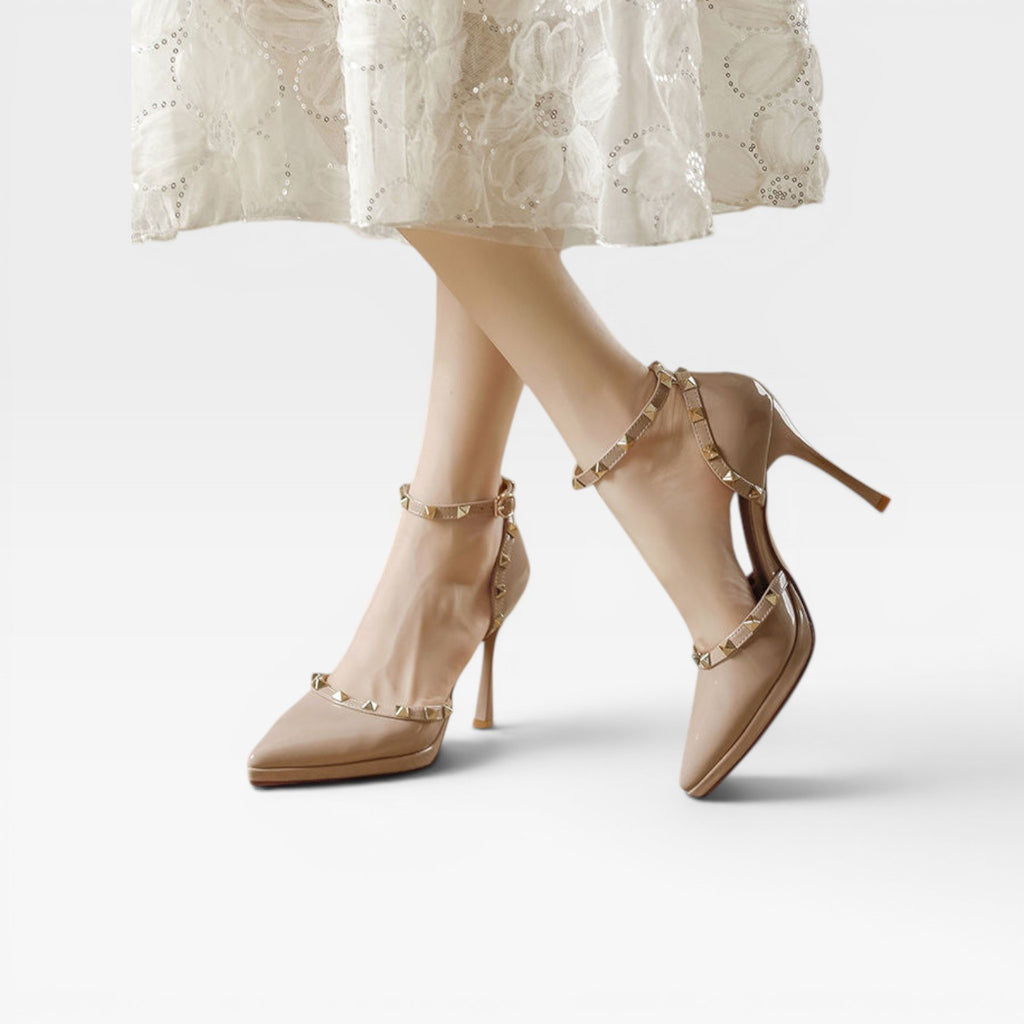 Women's Studded Strap Heels – Elegant Pointed Toe Stiletto Pumps for Special Occasions