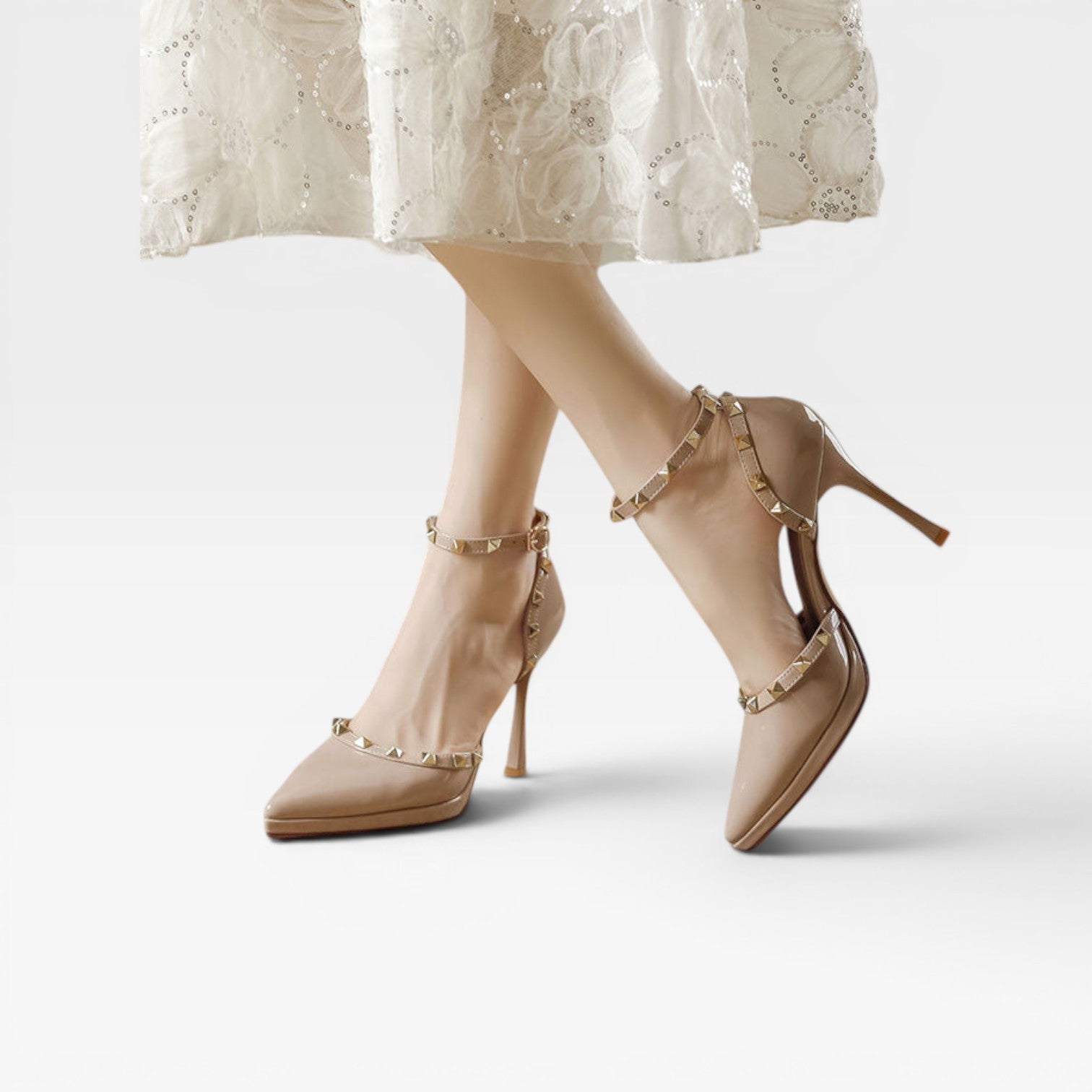 Women's Studded Strap Heels – Elegant Pointed Toe Stiletto Pumps for Special Occasions