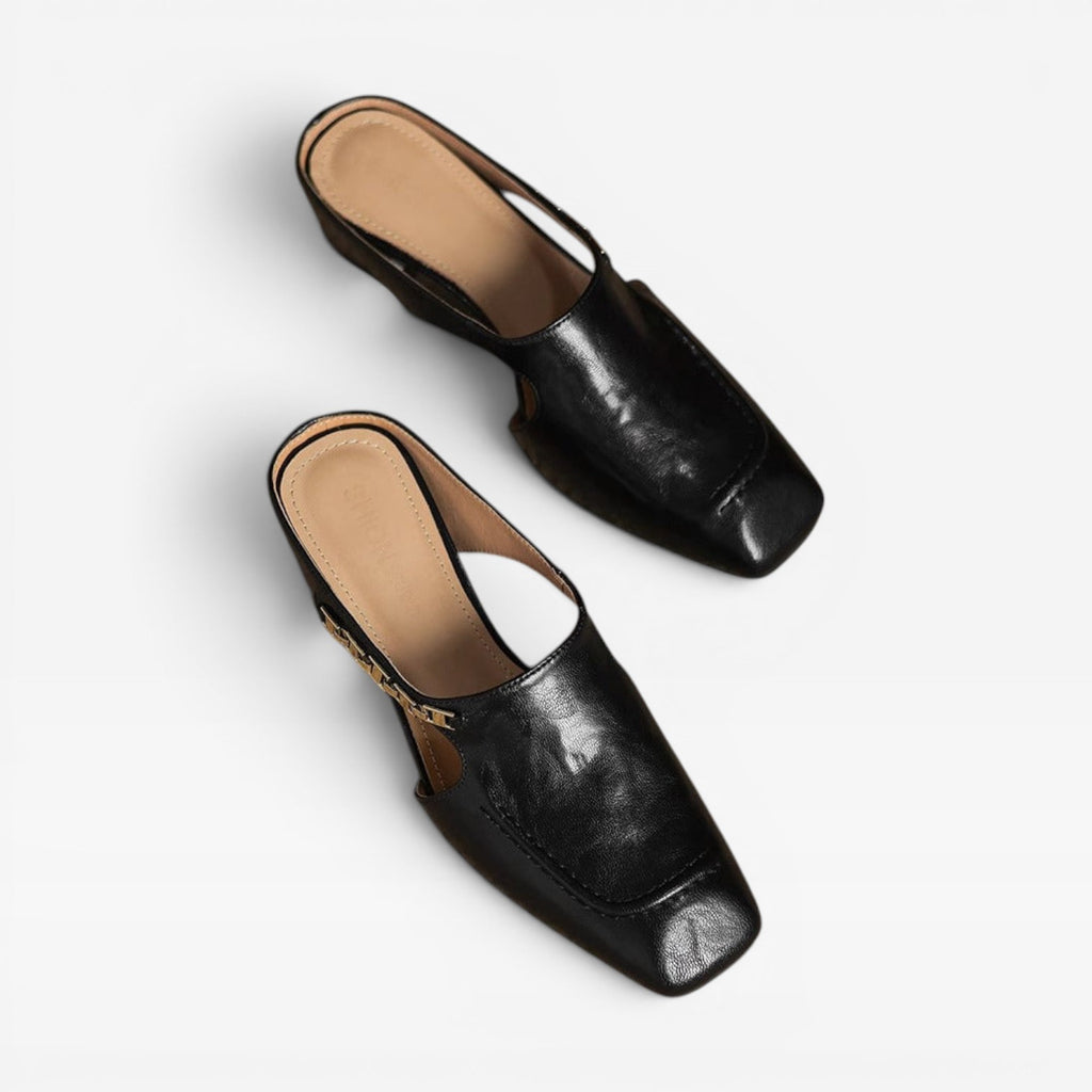 Women's Leather Mules – Elegant Square Toe Slip On Shoes for Everyday Wear