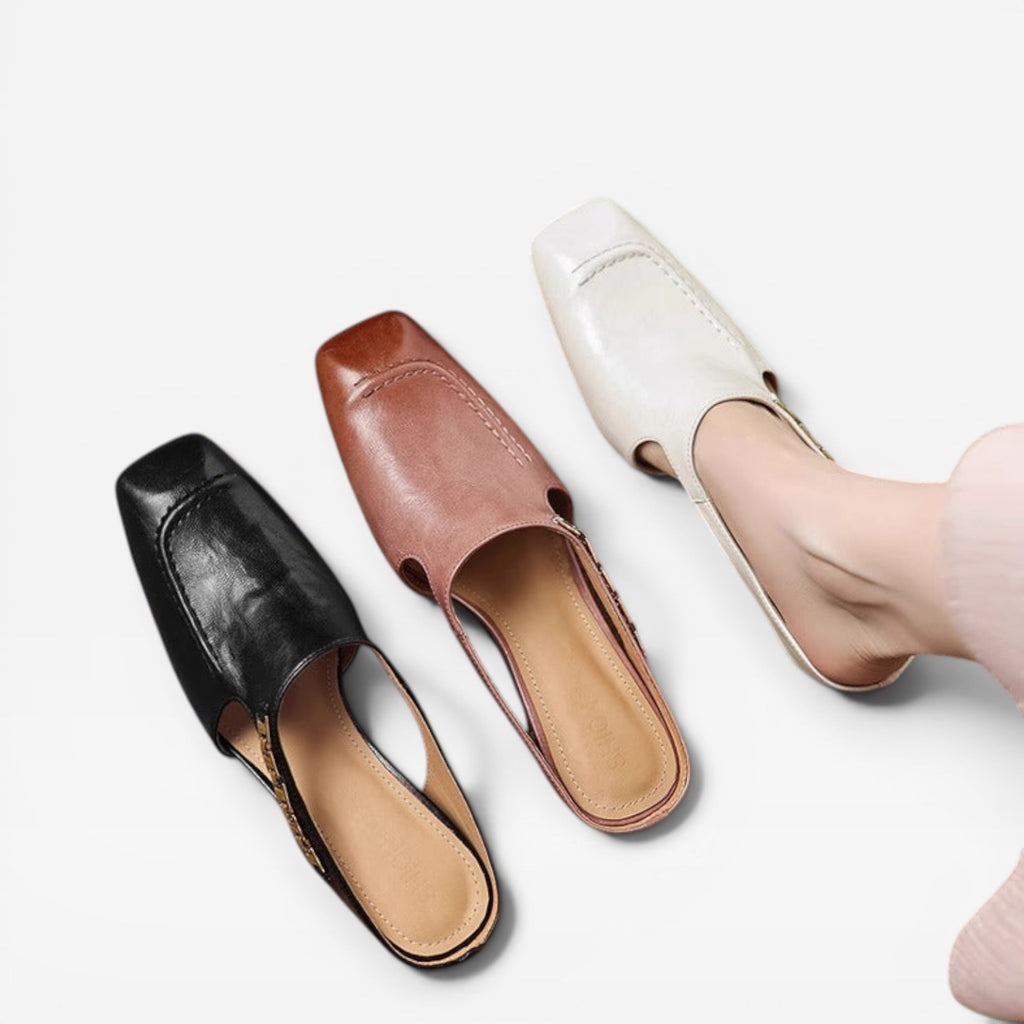 Women's Leather Mules – Elegant Square Toe Slip On Shoes for Everyday Wear