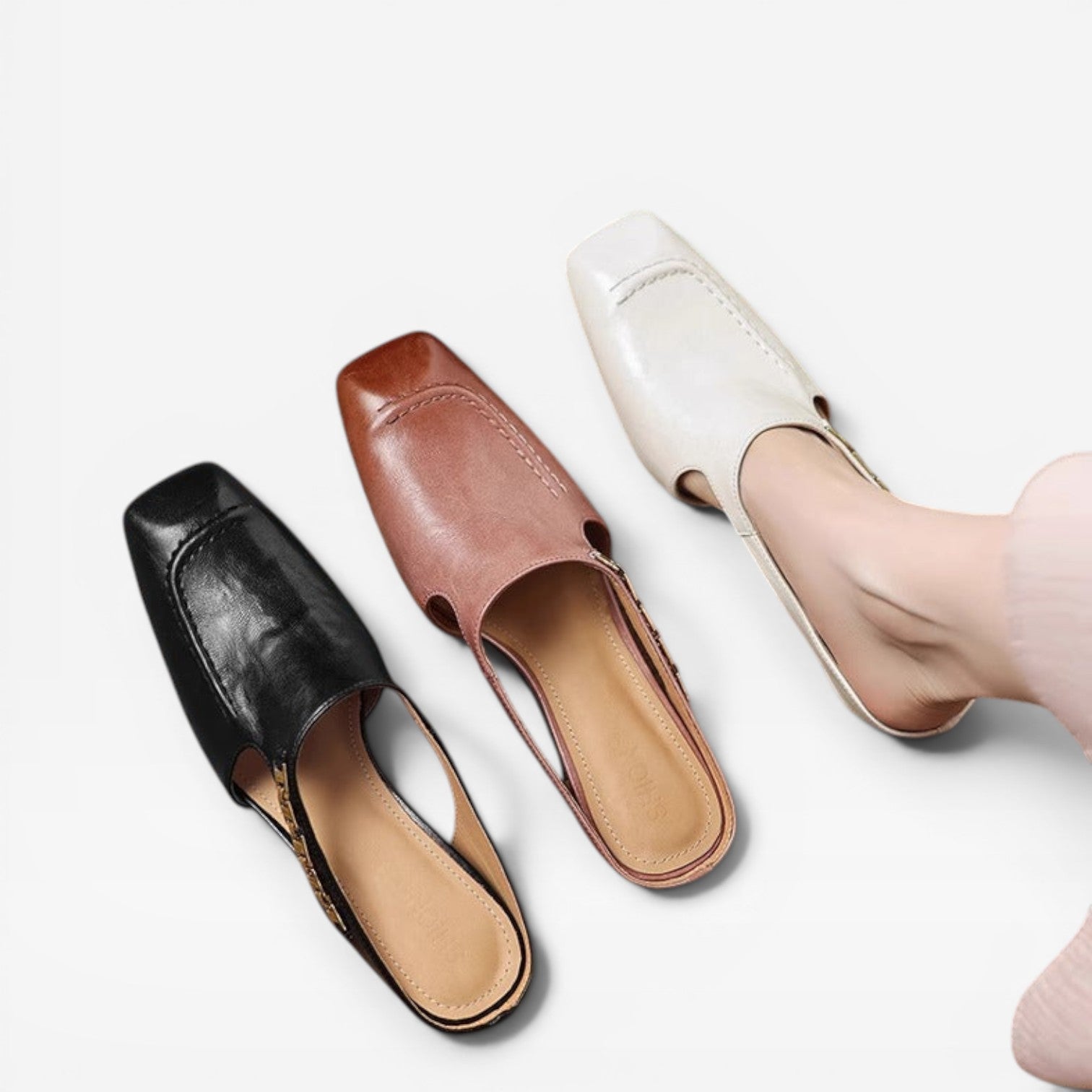 Women's Leather Mules – Elegant Square Toe Slip On Shoes for Everyday Wear