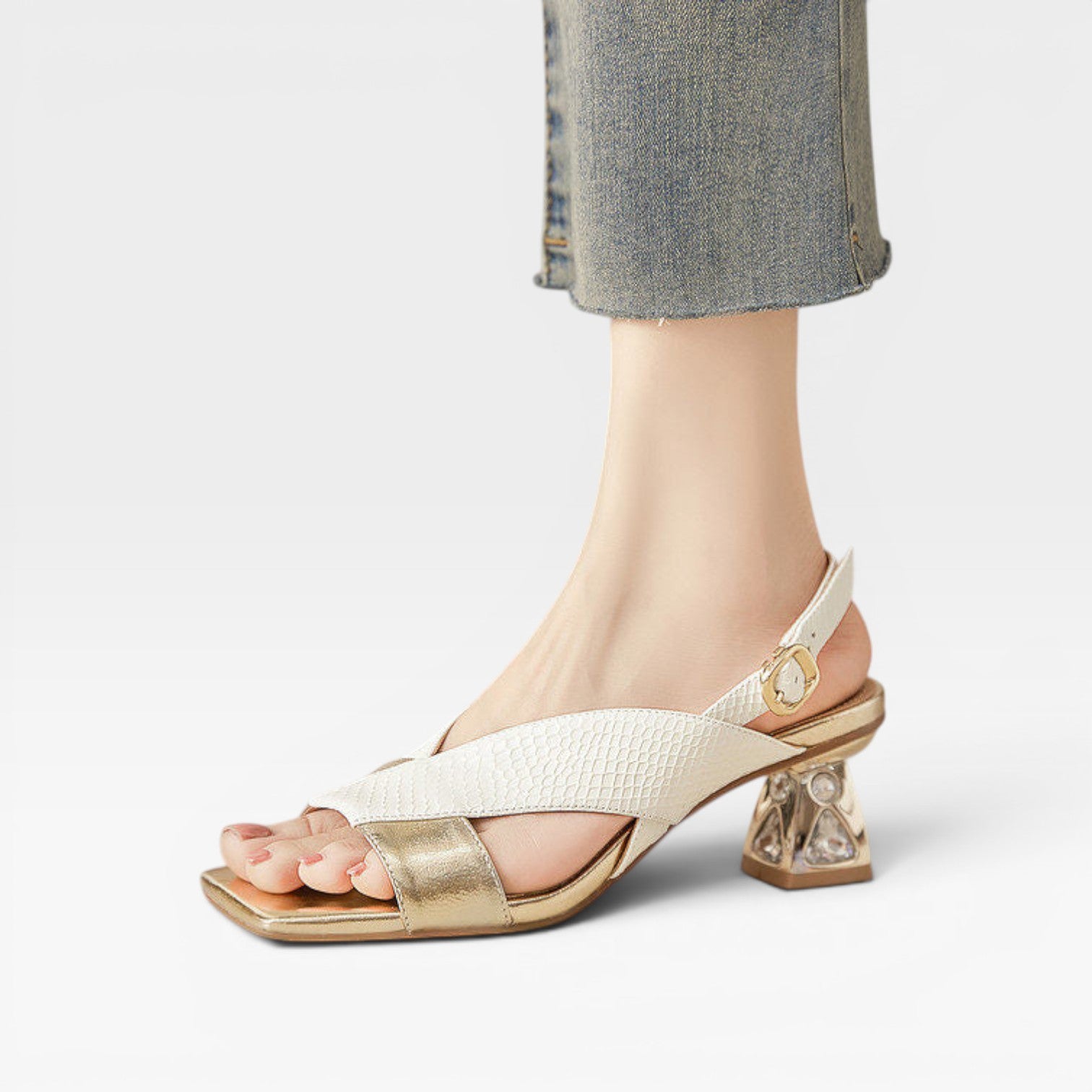 Women's Genuine Leather Sandals – Sculpted Crystal Heel Slingback Pumps for Special Occasions