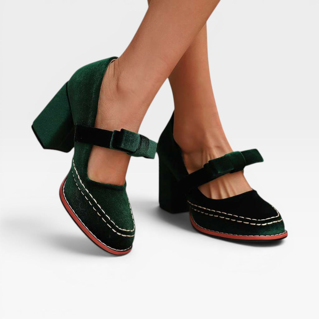 Escarpins Mary Jane en velours pour femmes – Talons blocs élégants avec nœud pour occasions spéciales