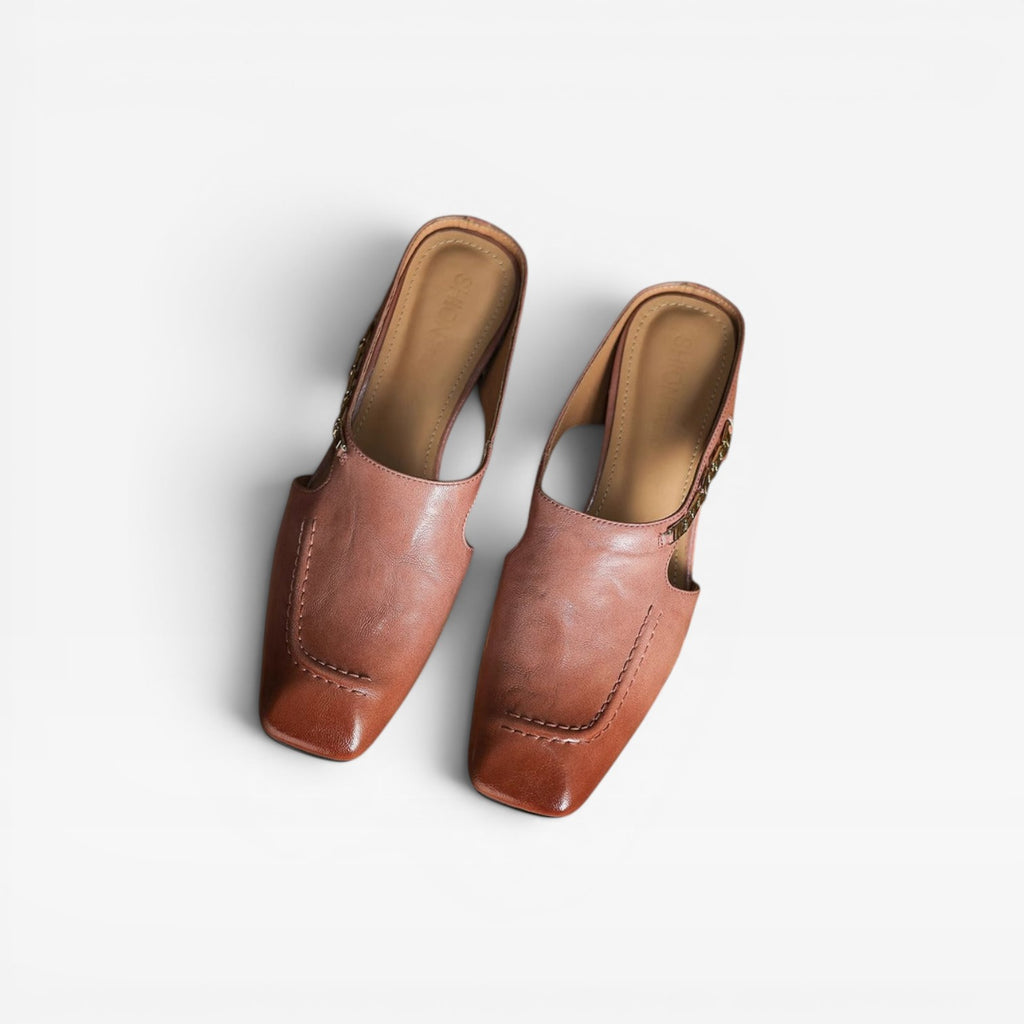 Women's Leather Mules – Elegant Square Toe Slip On Shoes for Everyday Wear