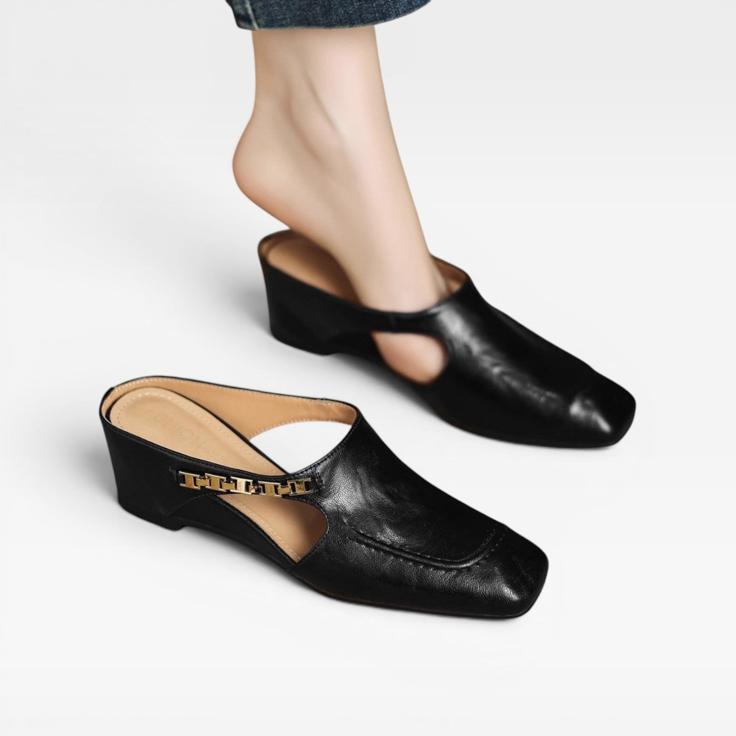 Women's Leather Mules – Elegant Square Toe Slip On Shoes for Everyday Wear