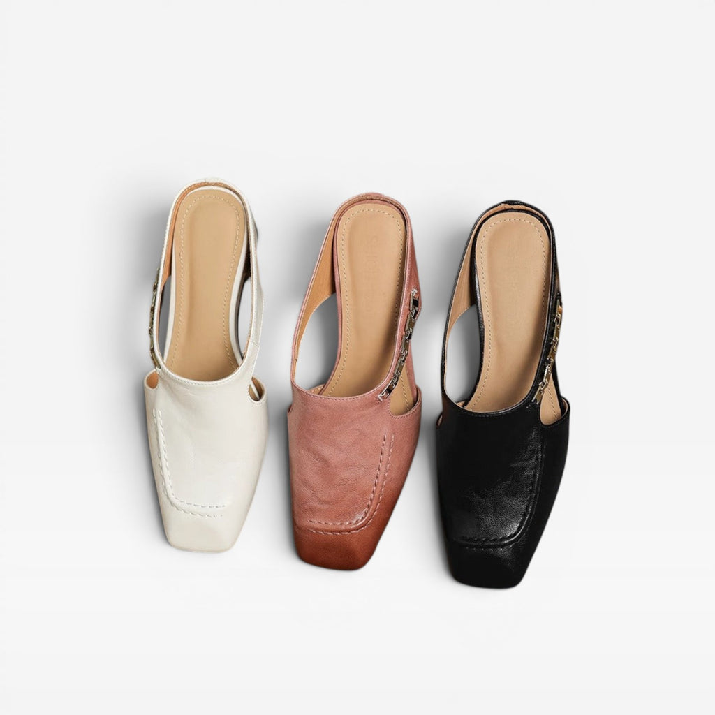 Women's Leather Mules – Elegant Square Toe Slip On Shoes for Everyday Wear