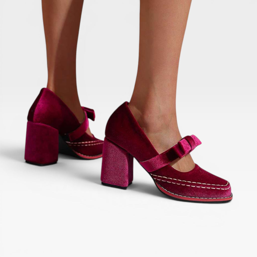 Escarpins Mary Jane en velours pour femmes – Talons blocs élégants avec nœud pour occasions spéciales