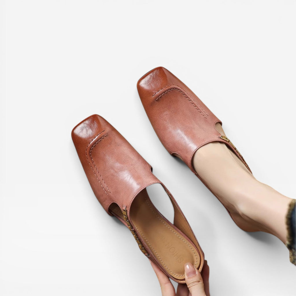 Women's Leather Mules – Elegant Square Toe Slip On Shoes for Everyday Wear