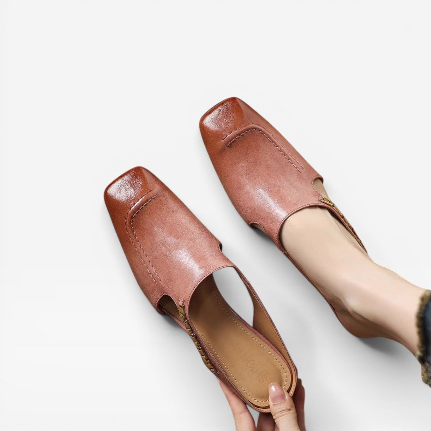 Women's Leather Mules – Elegant Square Toe Slip On Shoes for Everyday Wear