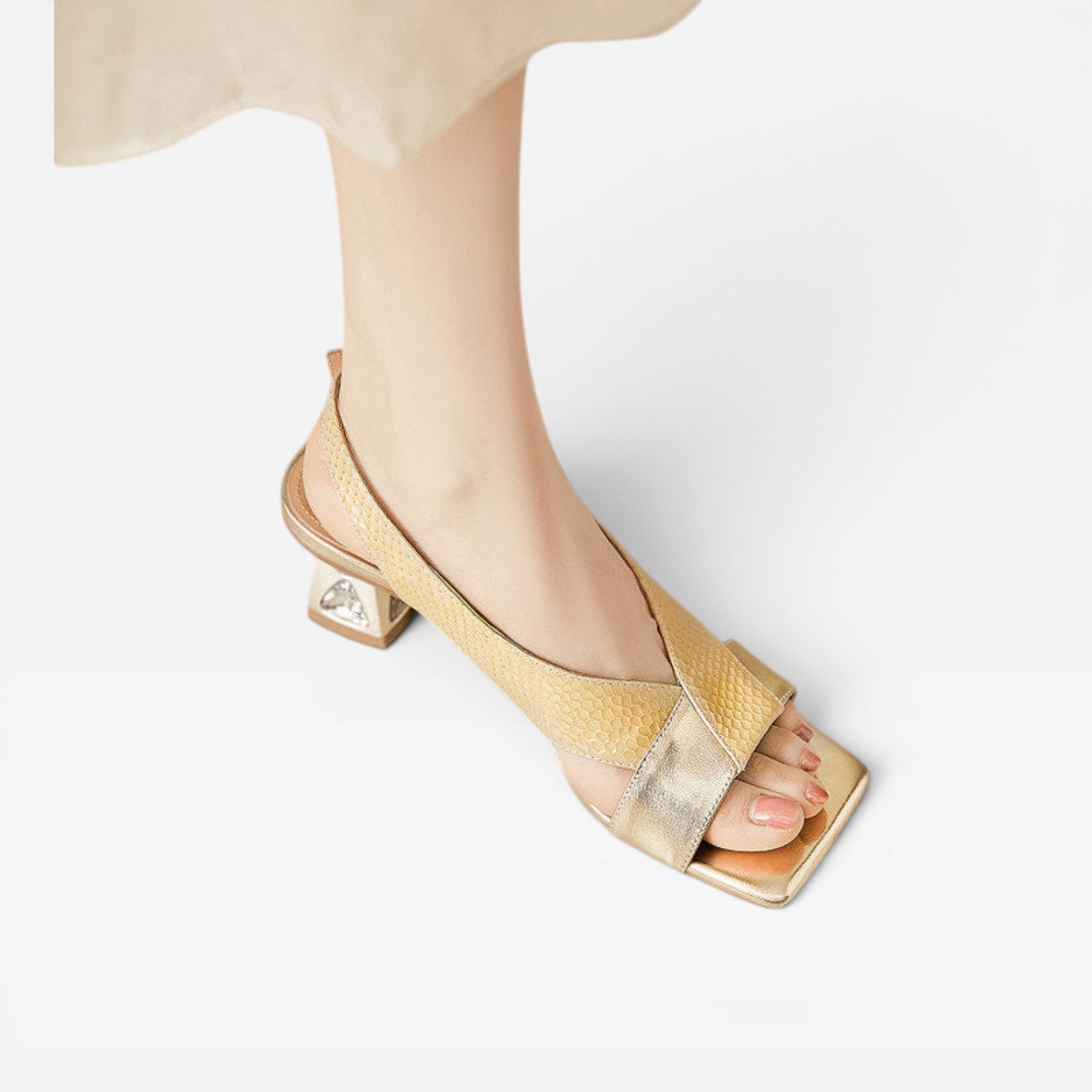 Women's Genuine Leather Sandals – Sculpted Crystal Heel Slingback Pumps for Special Occasions