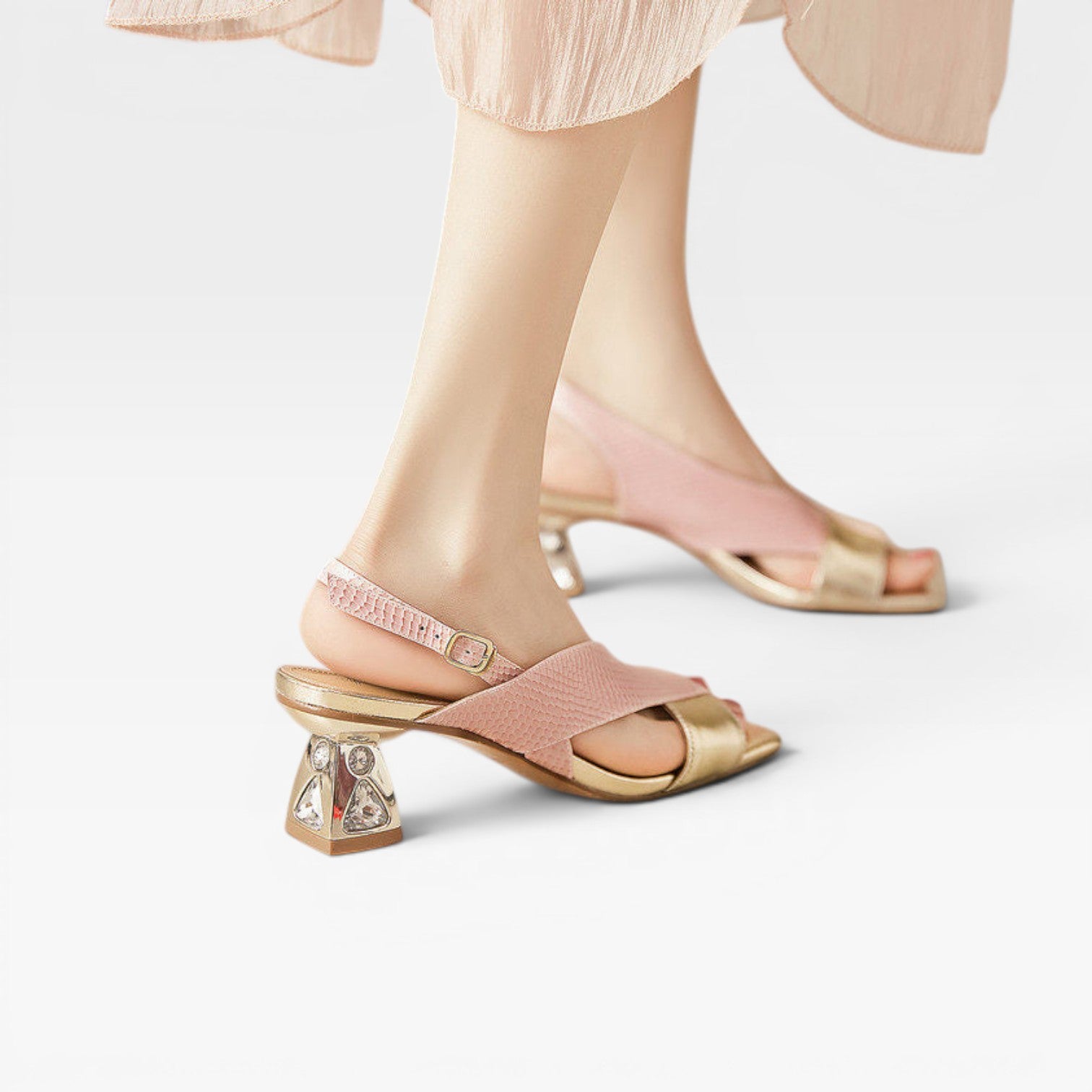 Women's Genuine Leather Sandals – Sculpted Crystal Heel Slingback Pumps for Special Occasions