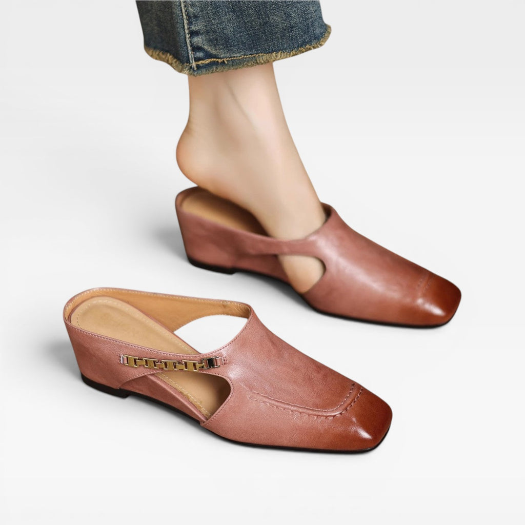 Women's Leather Mules – Elegant Square Toe Slip On Shoes for Everyday Wear