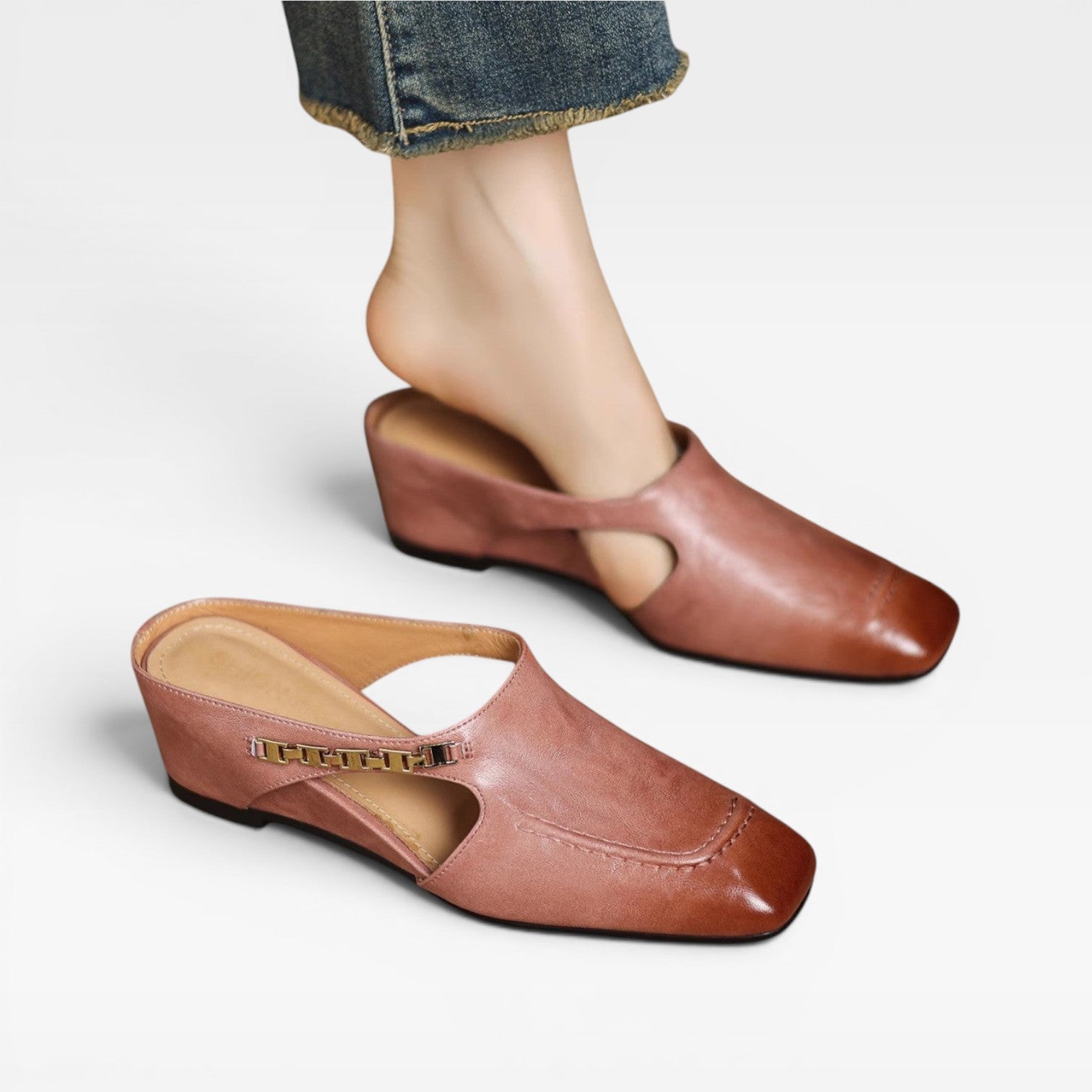 Women's Leather Mules – Elegant Square Toe Slip On Shoes for Everyday Wear