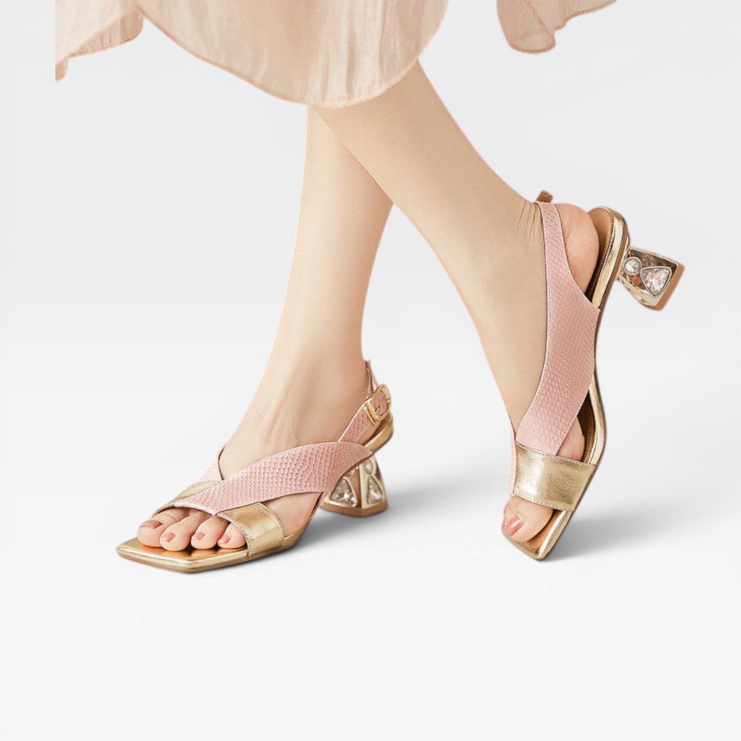 Women's Genuine Leather Sandals – Sculpted Crystal Heel Slingback Pumps for Special Occasions