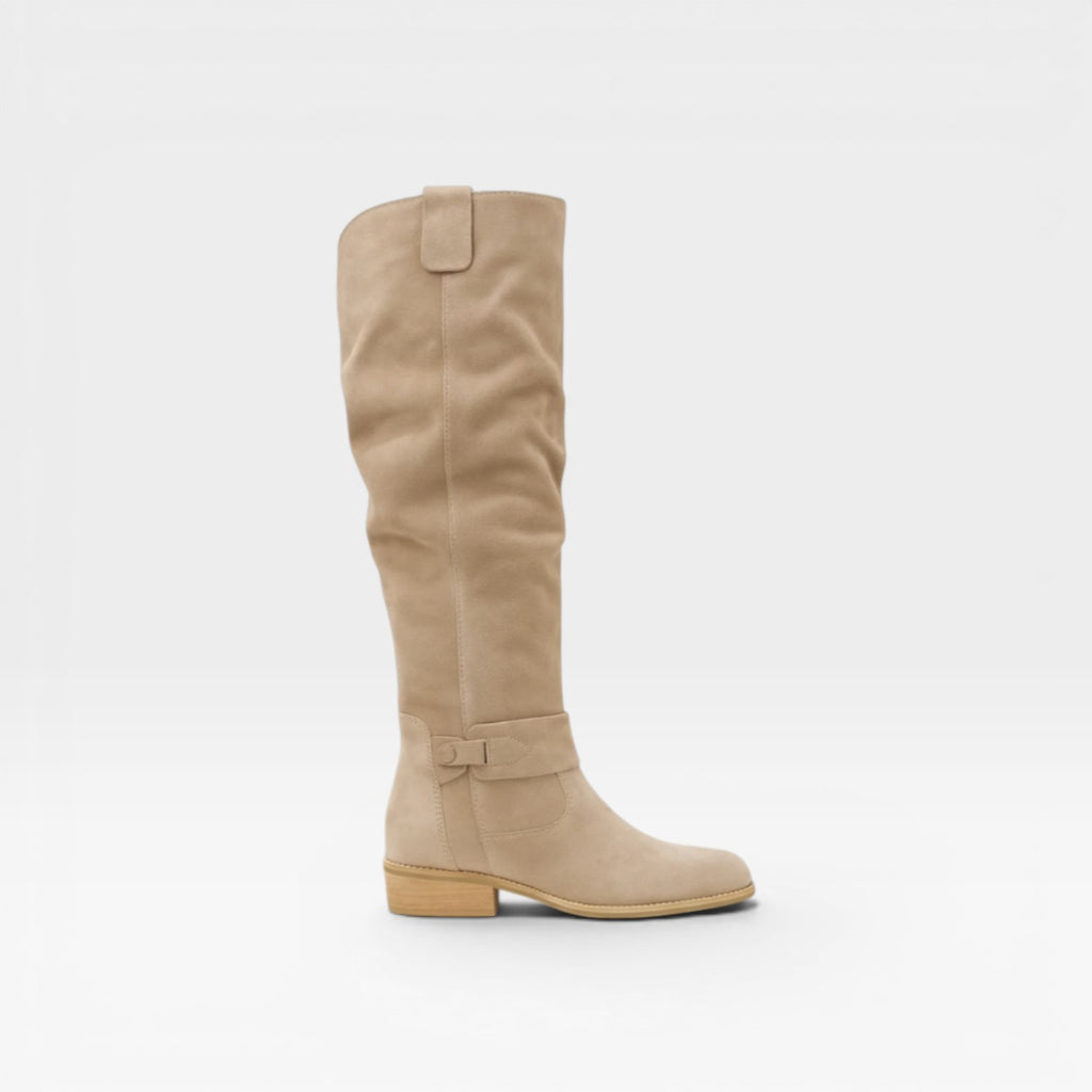 Women's Knee High Suede Boots – Elegant Buckle Detail Block Heel for Everyday and Special Occasions