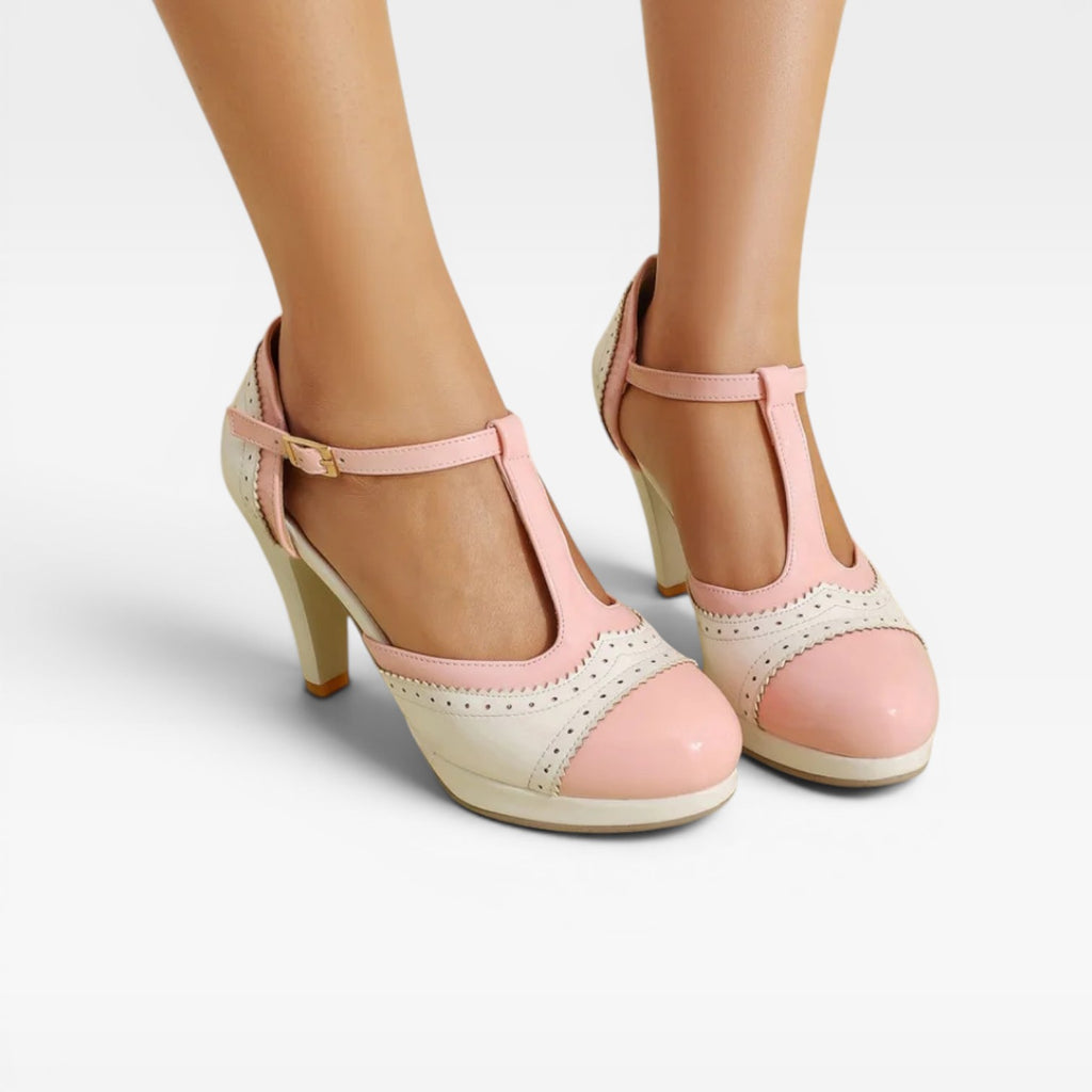 Women's Vintage Mary Jane Pumps – Elegant T Strap Two Tone Brogue Heels for Party and Special Occasions