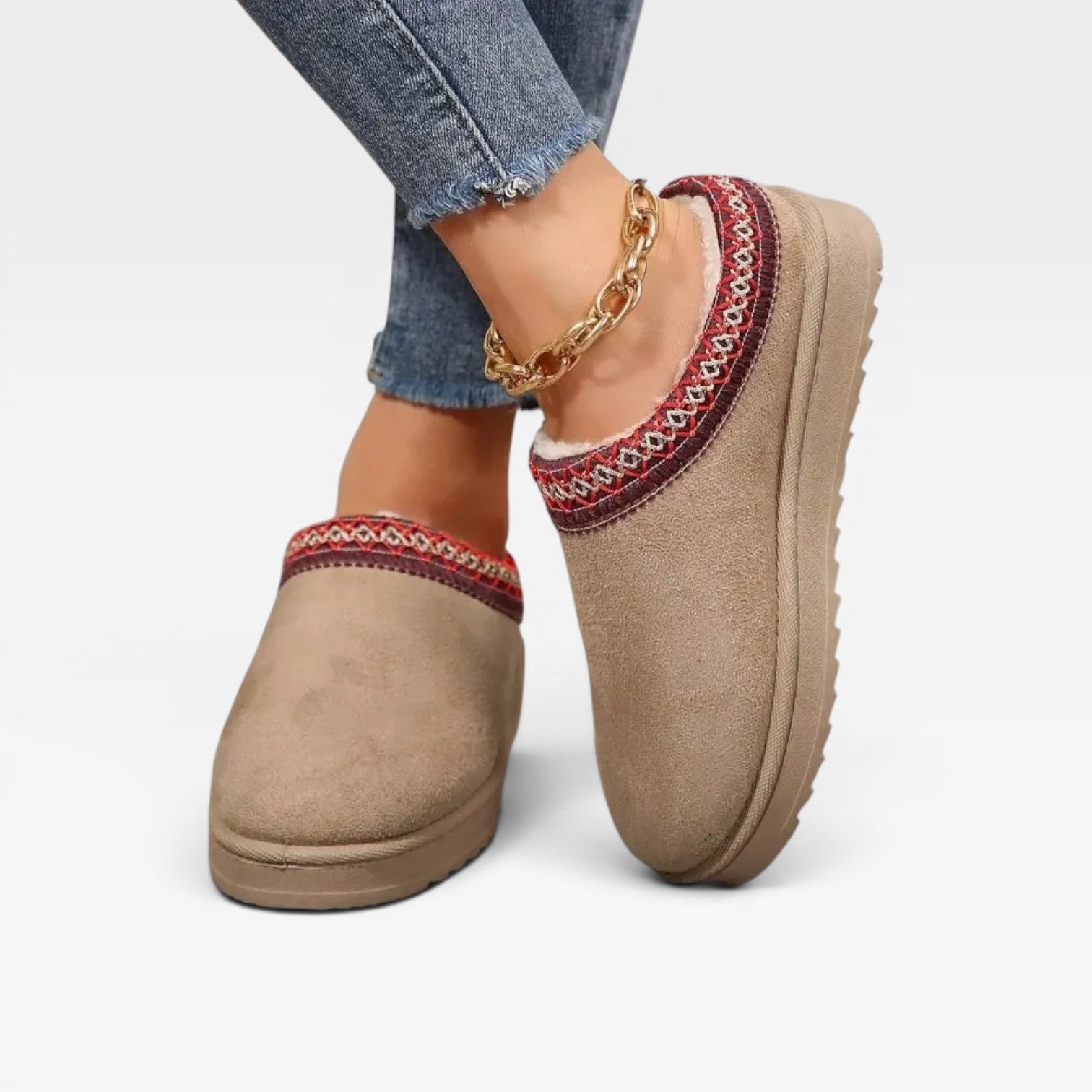 Women's Platform Mule Clogs – Fleece Lined Embroidered Trim Slip On Shoes