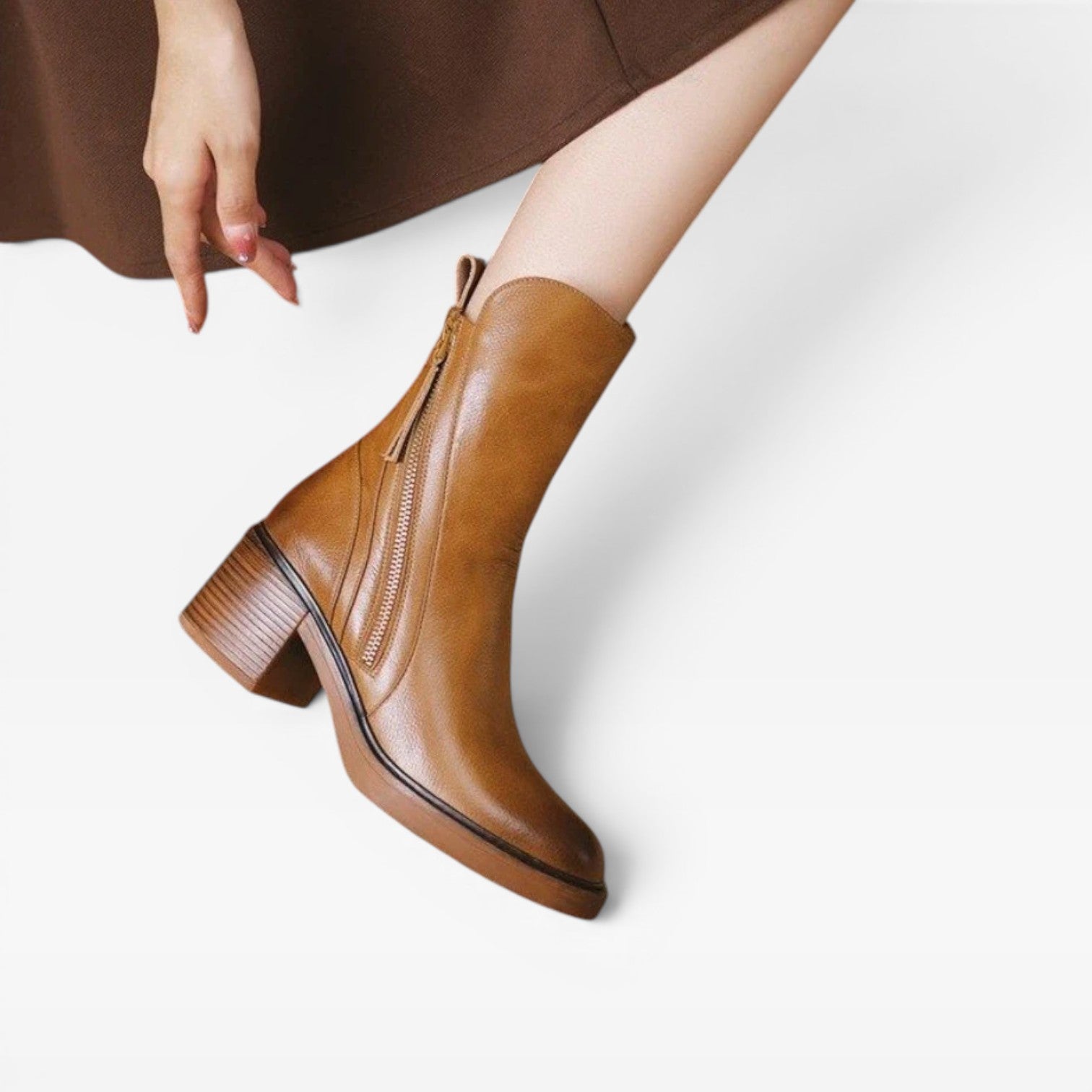 Women's Leather Ankle Boots – Pointed Toe Stacked Heel Zip Up Western Style