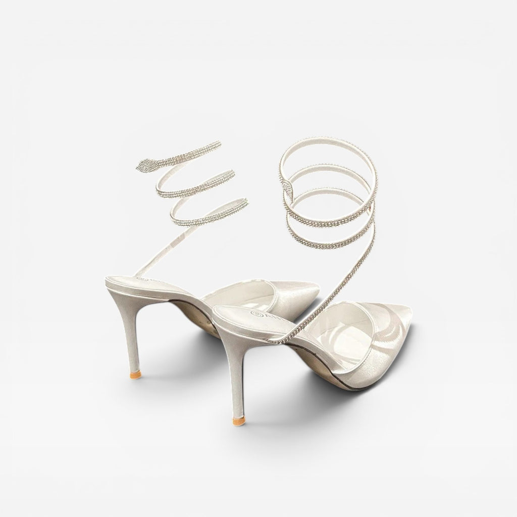 Women's Crystal Ankle Wrap Heels – Elegant Pointed Toe Satin Bridal Stiletto Pumps for Special Occasions