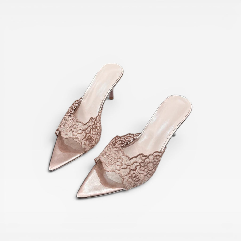 Women's Lace Mule Heels – Elegant Pointed Toe Stiletto for Day and Evening Occasions