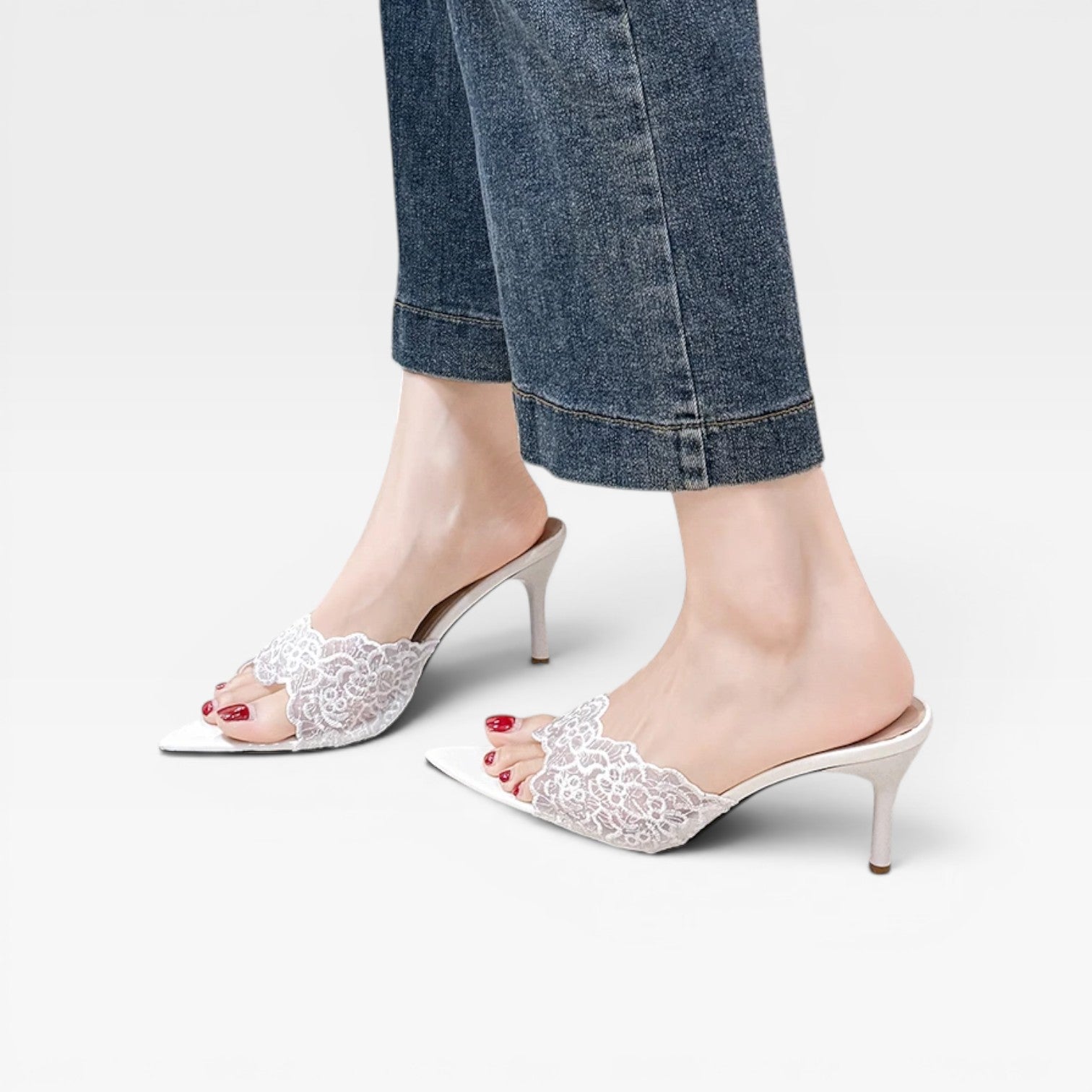 Women's Lace Mule Heels – Elegant Pointed Toe Stiletto for Day and Evening Occasions
