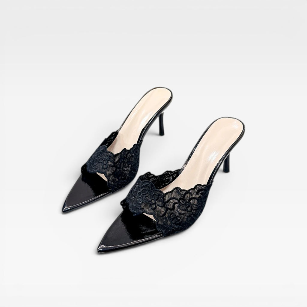 Women's Lace Mule Heels – Elegant Pointed Toe Stiletto for Day and Evening Occasions