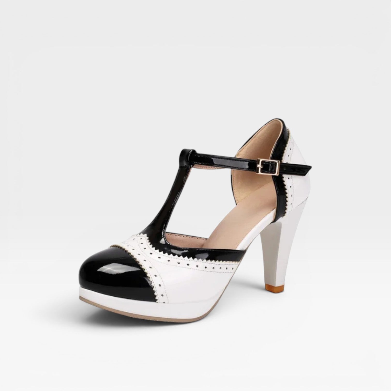 Women's Vintage Mary Jane Pumps – Elegant T Strap Two Tone Brogue Heels for Party and Special Occasions