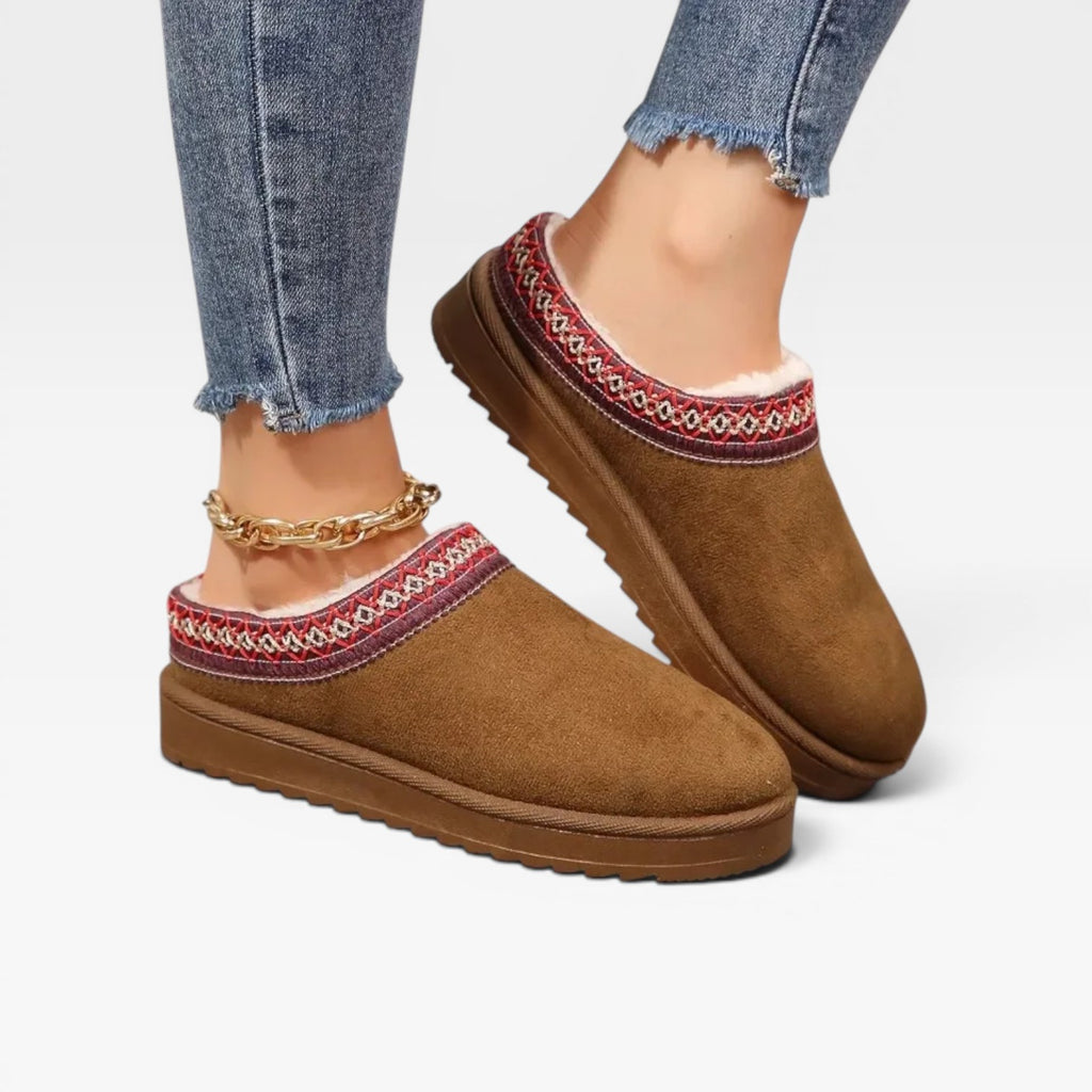 Women's Platform Mule Clogs – Fleece Lined Embroidered Trim Slip On Shoes