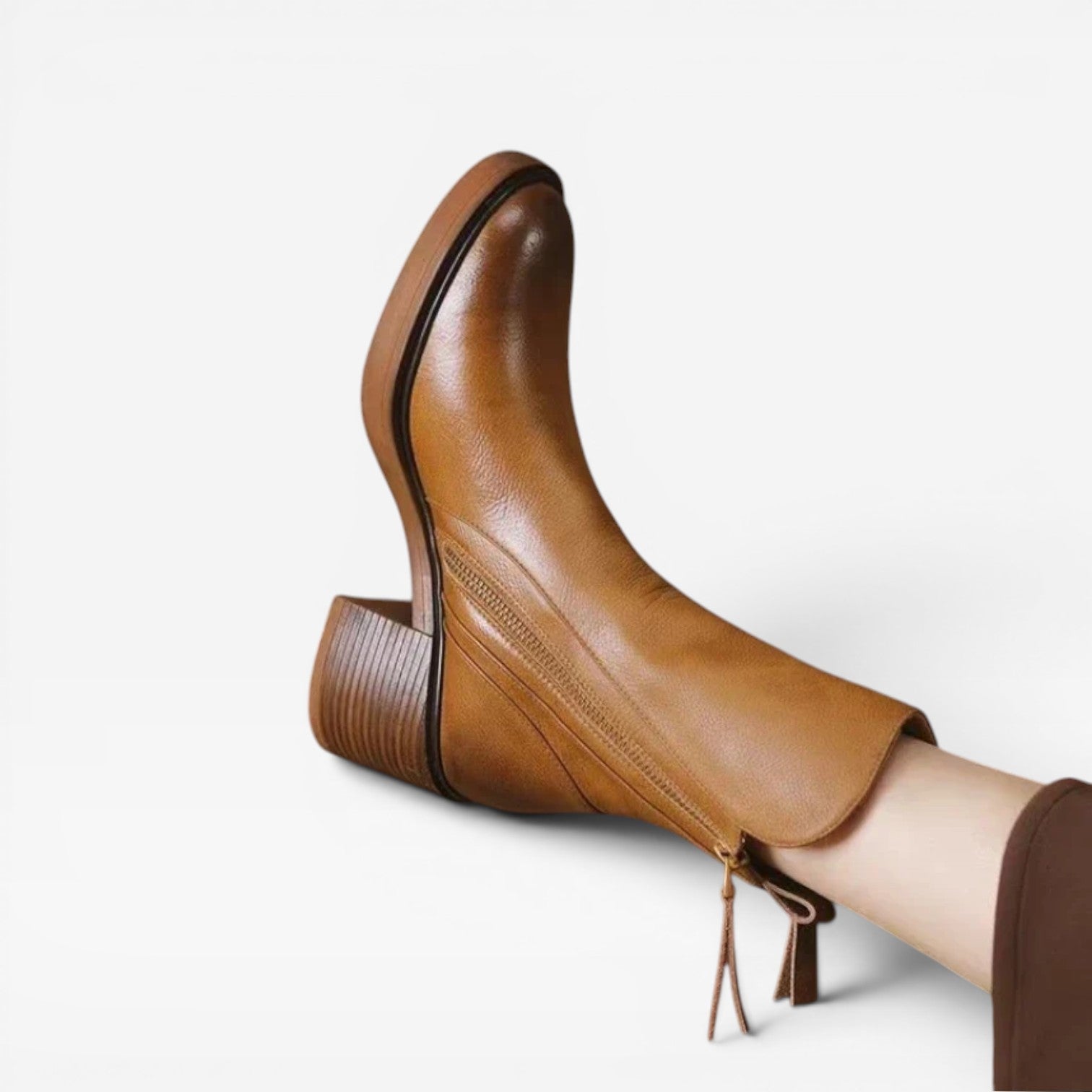 Women's Leather Ankle Boots – Pointed Toe Stacked Heel Zip Up Western Style