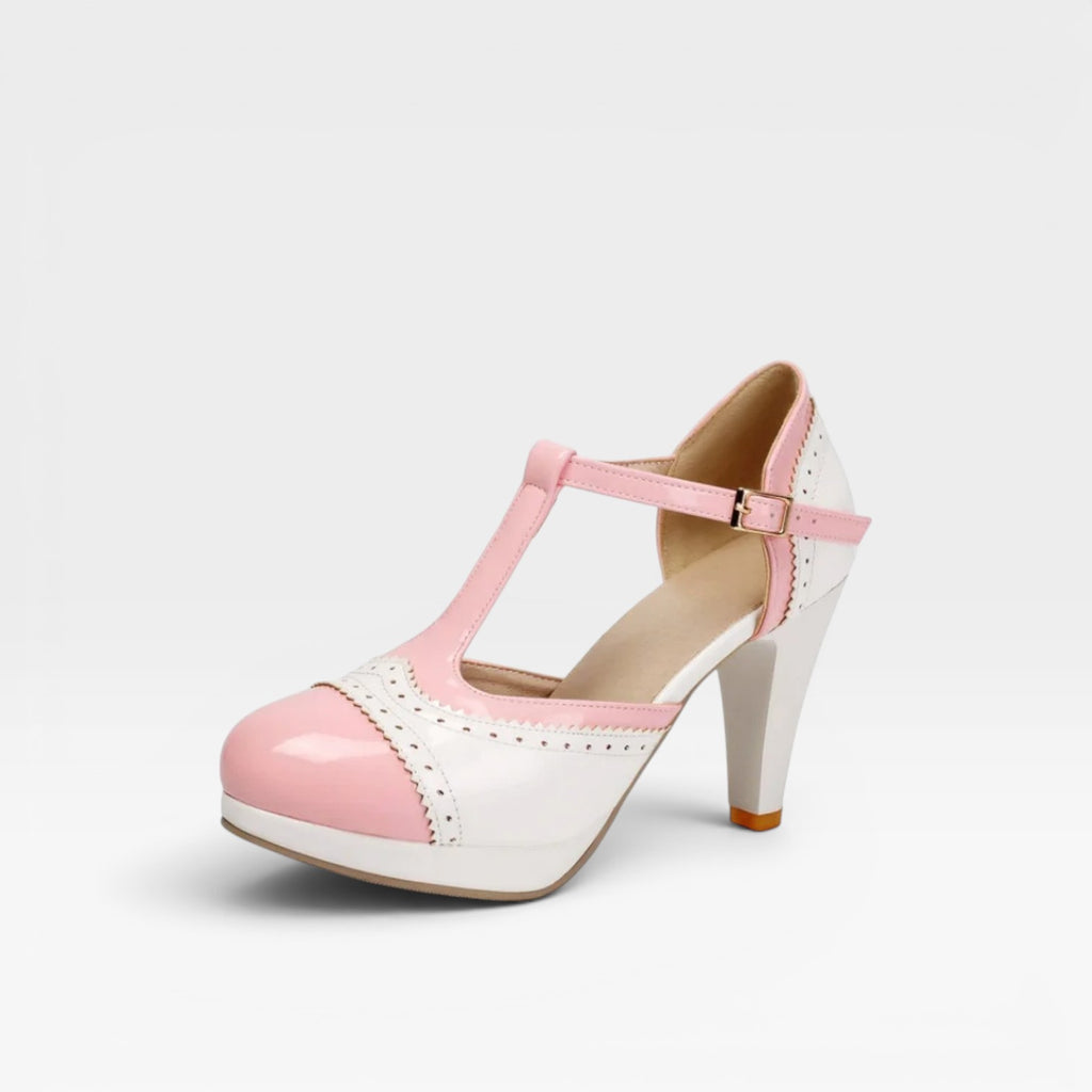 Women's Vintage Mary Jane Pumps – Elegant T Strap Two Tone Brogue Heels for Party and Special Occasions