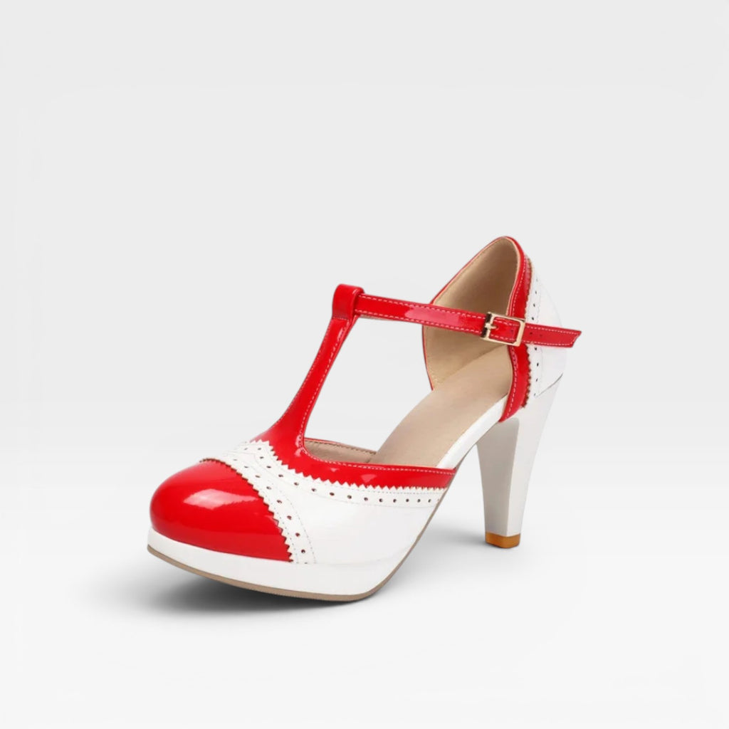 Women's Vintage Mary Jane Pumps – Elegant T Strap Two Tone Brogue Heels for Party and Special Occasions