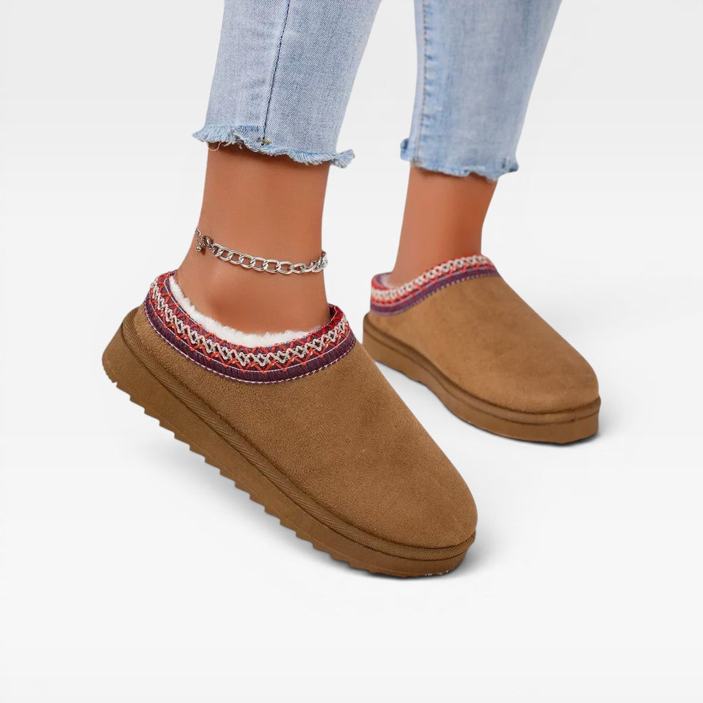 Women's Platform Mule Clogs – Fleece Lined Embroidered Trim Slip On Shoes