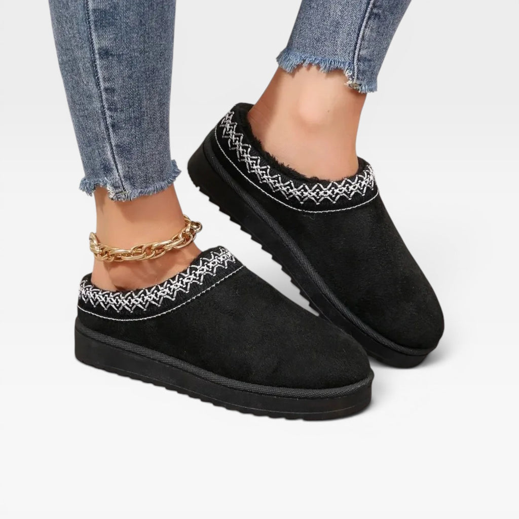 Women's Platform Mule Clogs – Fleece Lined Embroidered Trim Slip On Shoes