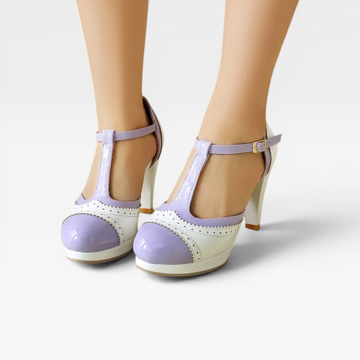 Women's Vintage Mary Jane Pumps – Elegant T Strap Two Tone Brogue Heels for Party and Special Occasions