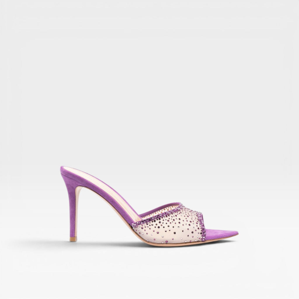 Women's Crystal Embellished Suede Heels – Elegant Pointed Toe Mule Stiletto for Party and Special Occasions
