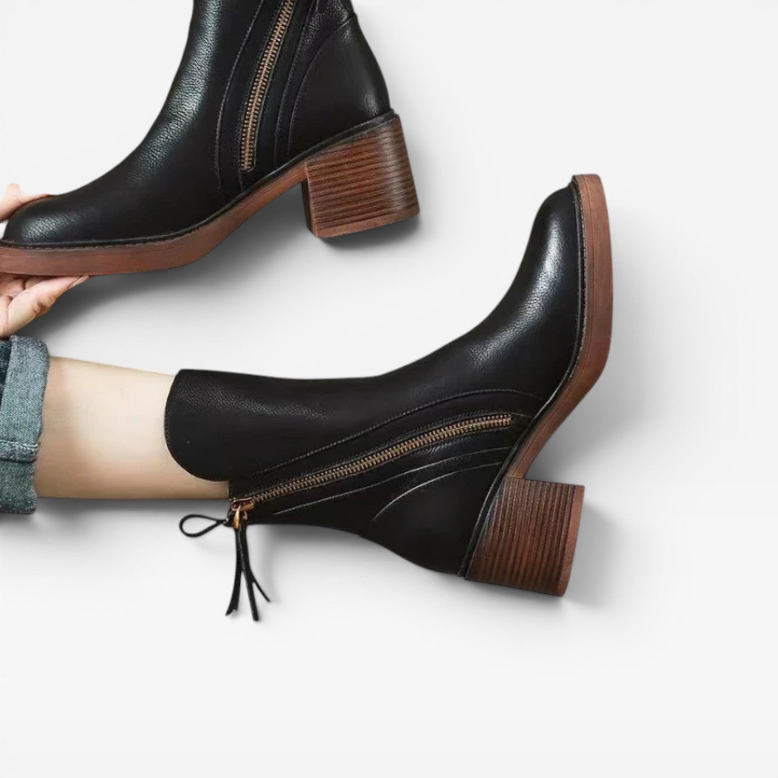 Women's Leather Ankle Boots – Pointed Toe Stacked Heel Zip Up Western Style