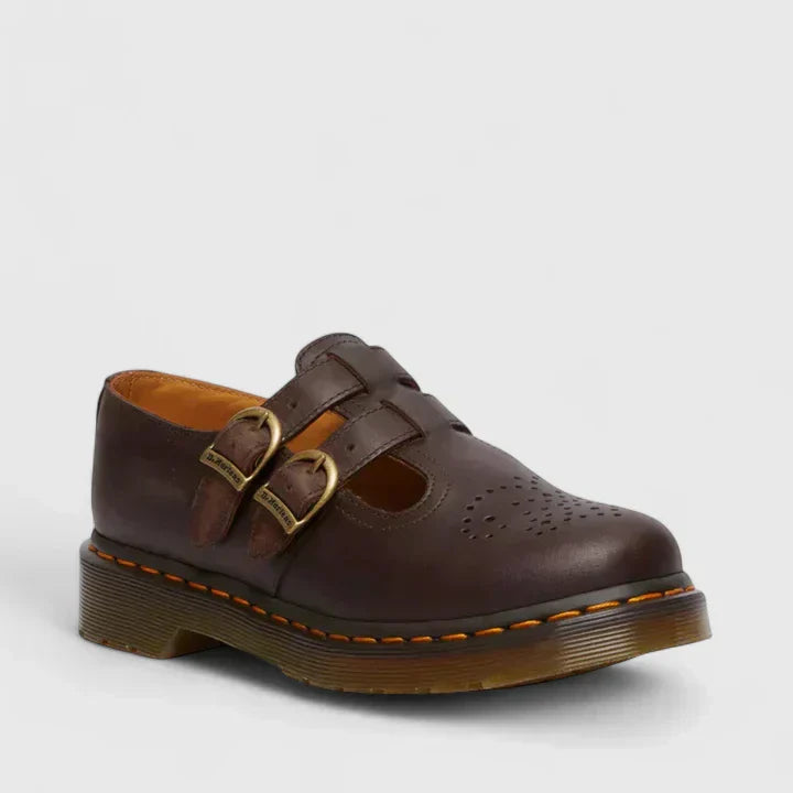 Women's Cowhide Leather Mary Jane Flats – Double Buckle Strap Round Toe Shoes