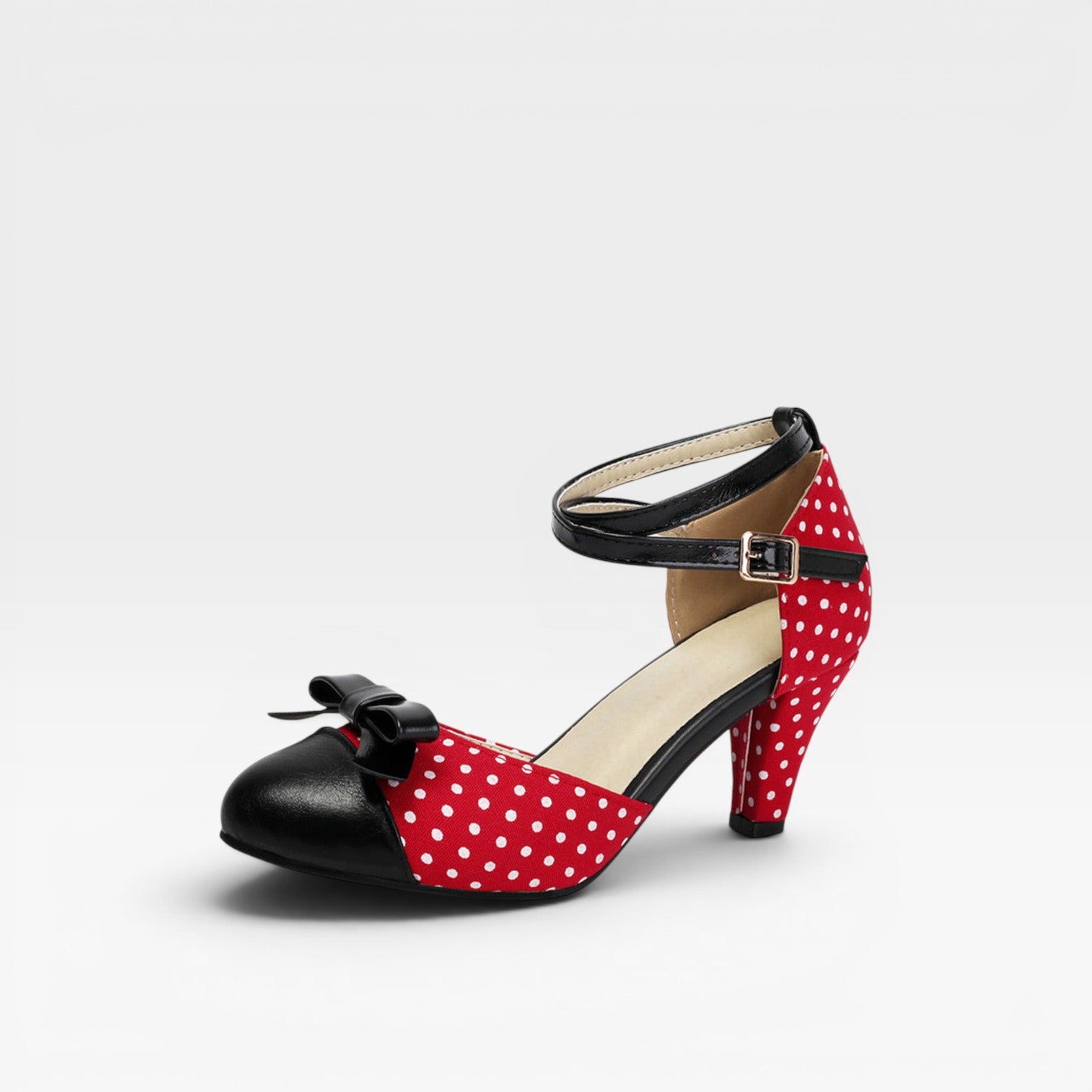 Women's Vintage Polka Dot Pumps – Elegant Ankle Strap Bow Detail Chunky Heels for Party and Special Occasions