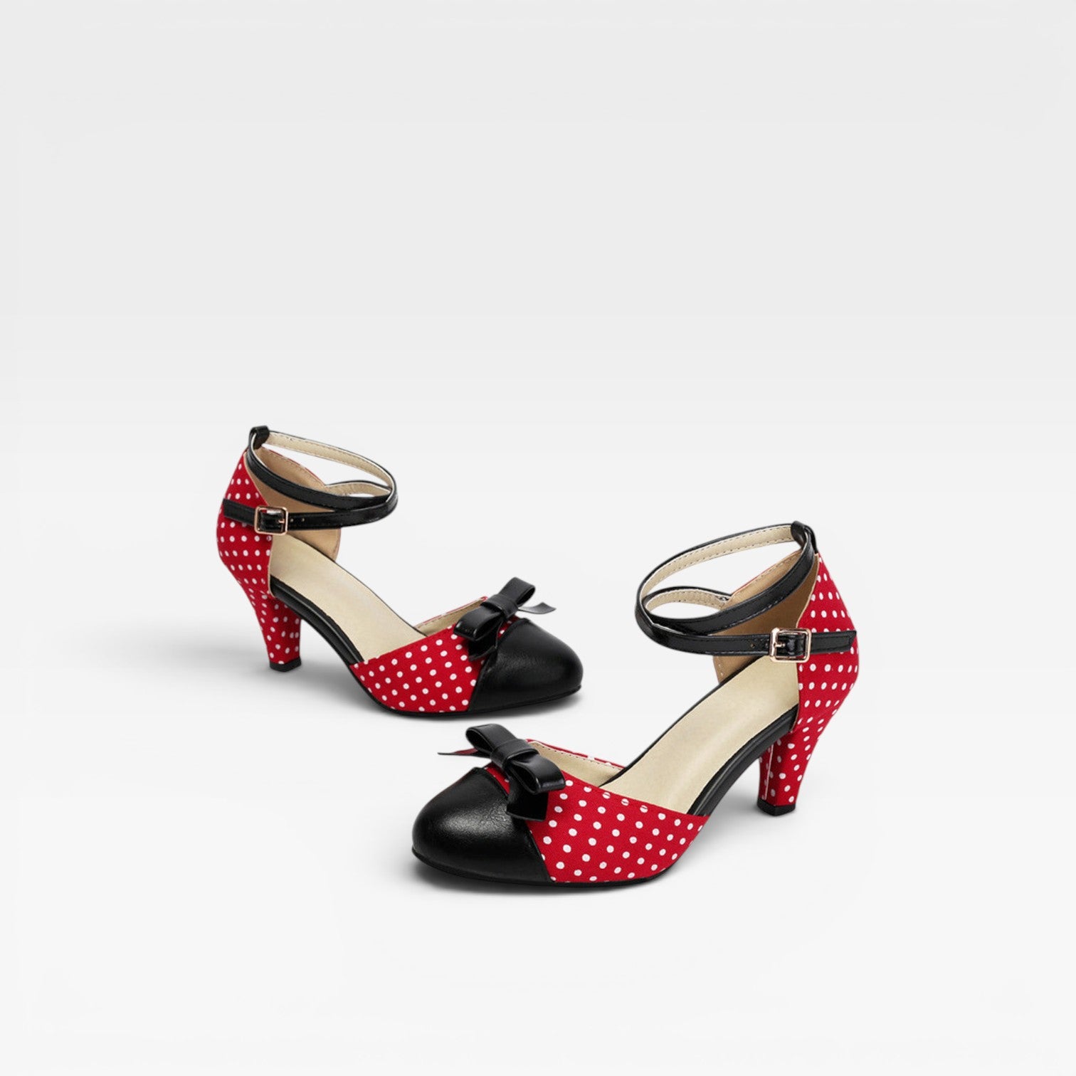 Women's Vintage Polka Dot Pumps – Elegant Ankle Strap Bow Detail Chunky Heels for Party and Special Occasions
