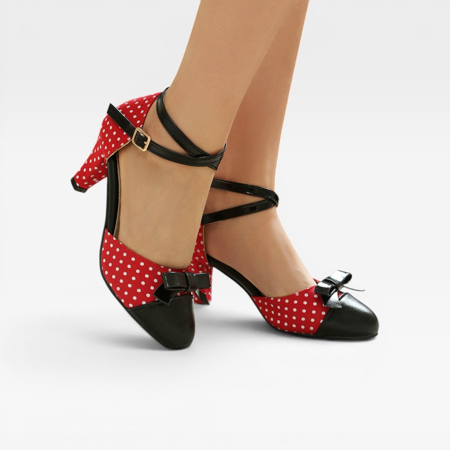 Women's Vintage Polka Dot Pumps – Elegant Ankle Strap Bow Detail Chunky Heels for Party and Special Occasions