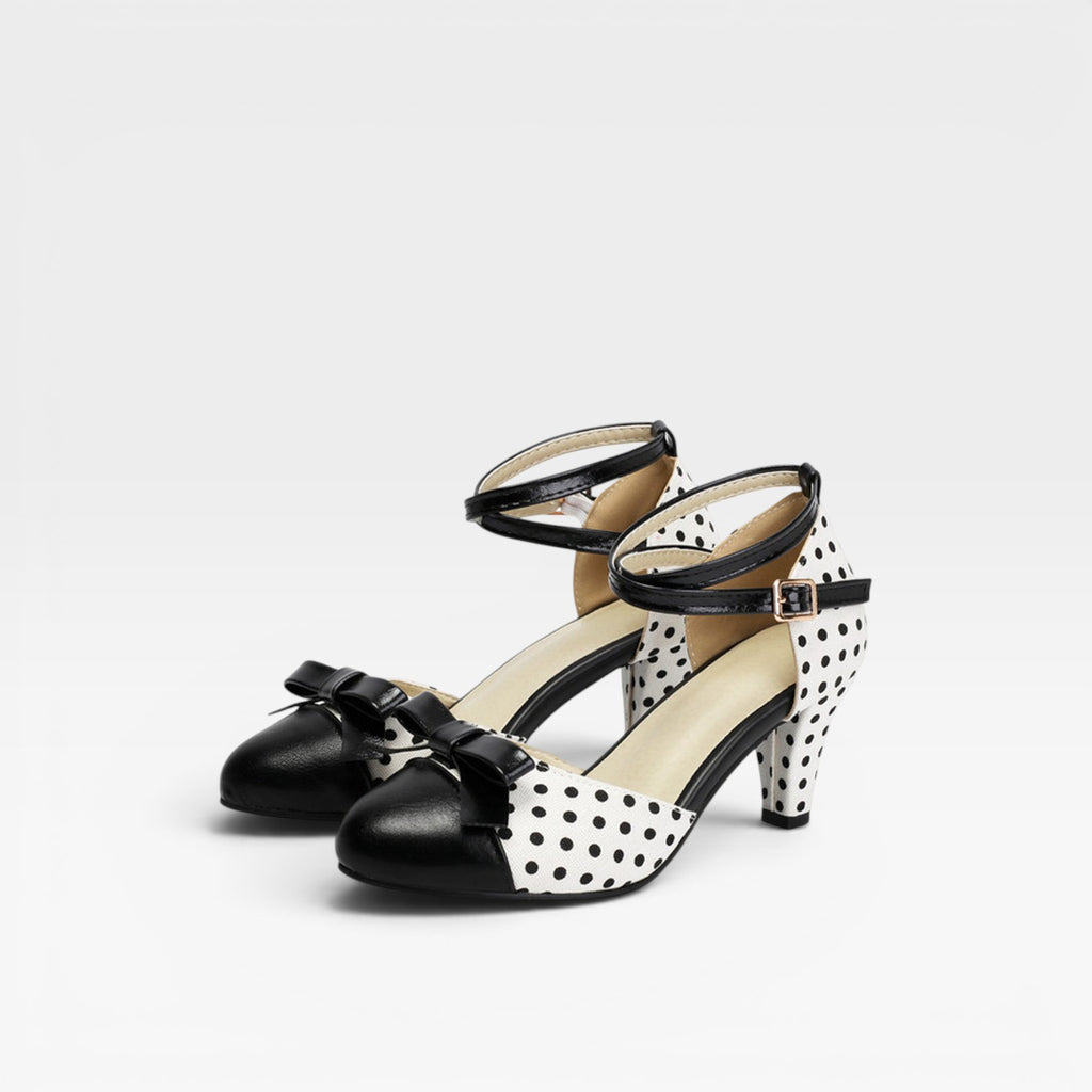 Women's Vintage Polka Dot Pumps – Elegant Ankle Strap Bow Detail Chunky Heels for Party and Special Occasions