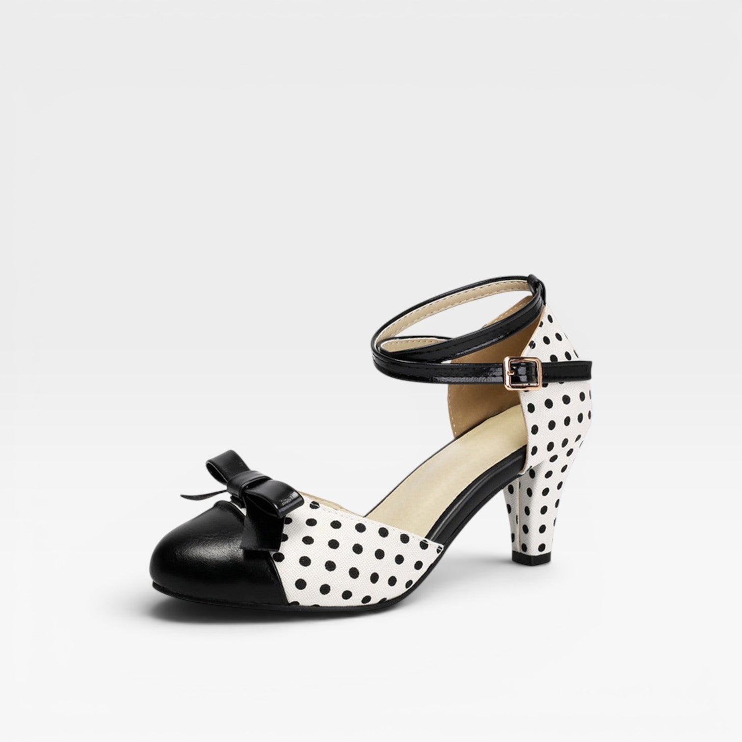 Women's Vintage Polka Dot Pumps – Elegant Ankle Strap Bow Detail Chunky Heels for Party and Special Occasions