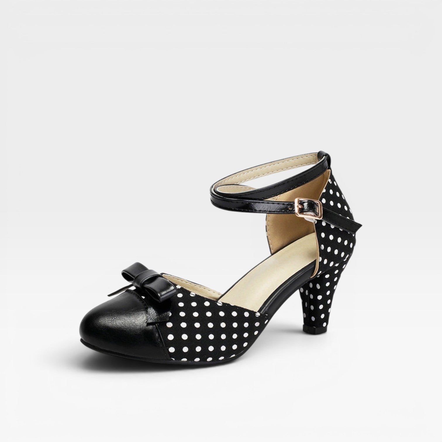 Women's Vintage Polka Dot Pumps – Elegant Ankle Strap Bow Detail Chunky Heels for Party and Special Occasions