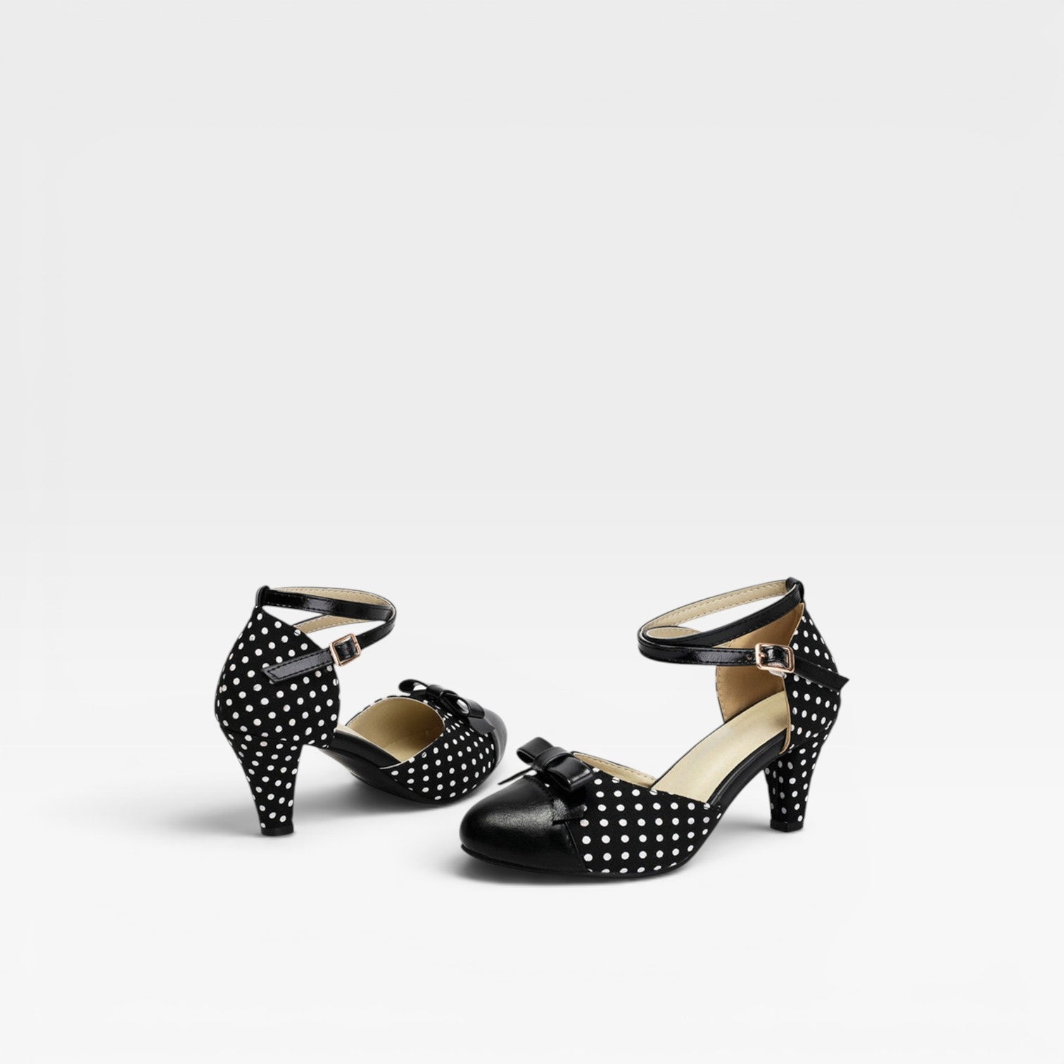Women's Vintage Polka Dot Pumps – Elegant Ankle Strap Bow Detail Chunky Heels for Party and Special Occasions