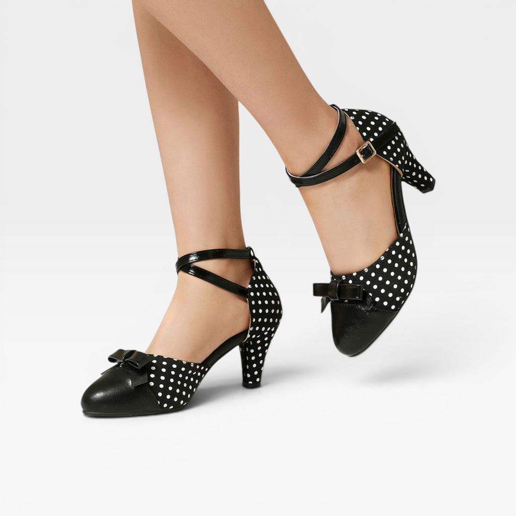 Women's Vintage Polka Dot Pumps – Elegant Ankle Strap Bow Detail Chunky Heels for Party and Special Occasions